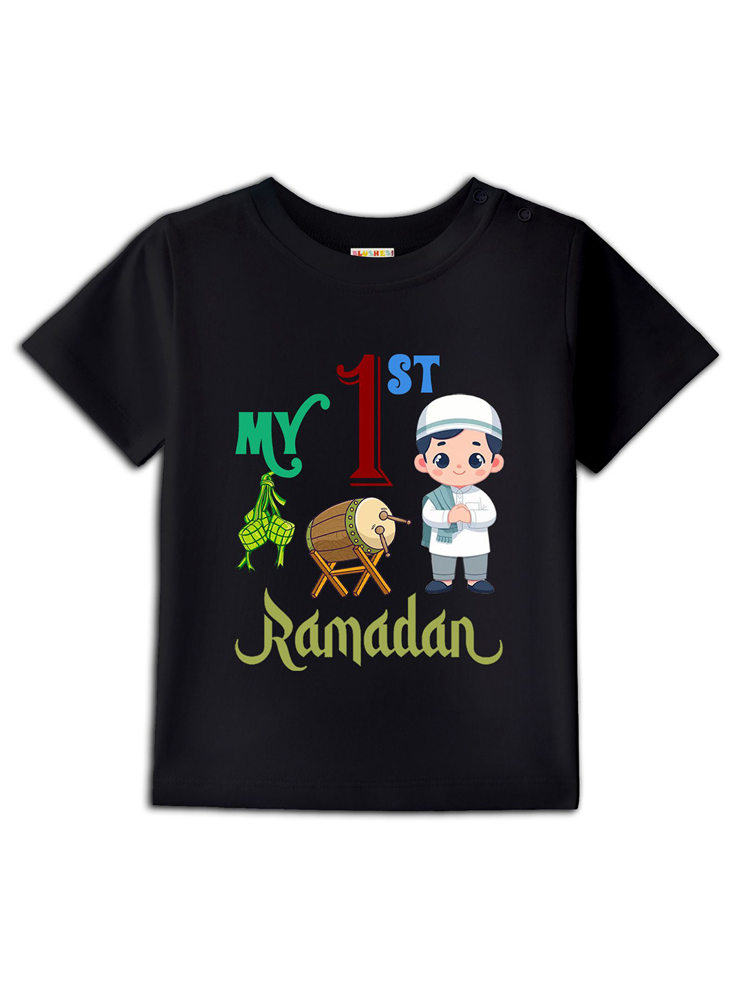 

BLUSHES Kids Graphic Eid Printed Pure Cotton T-shirt, Black