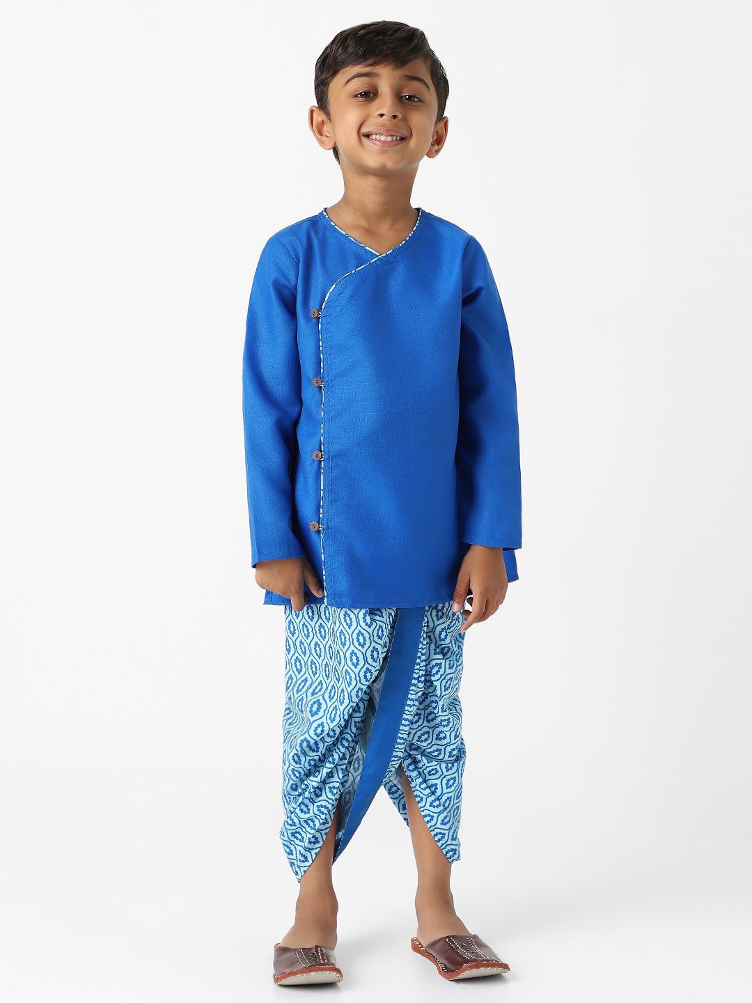 

Nauti Nati Boys Angrakha Pure Cotton Kurta With Dhoti Pant Set, Blue