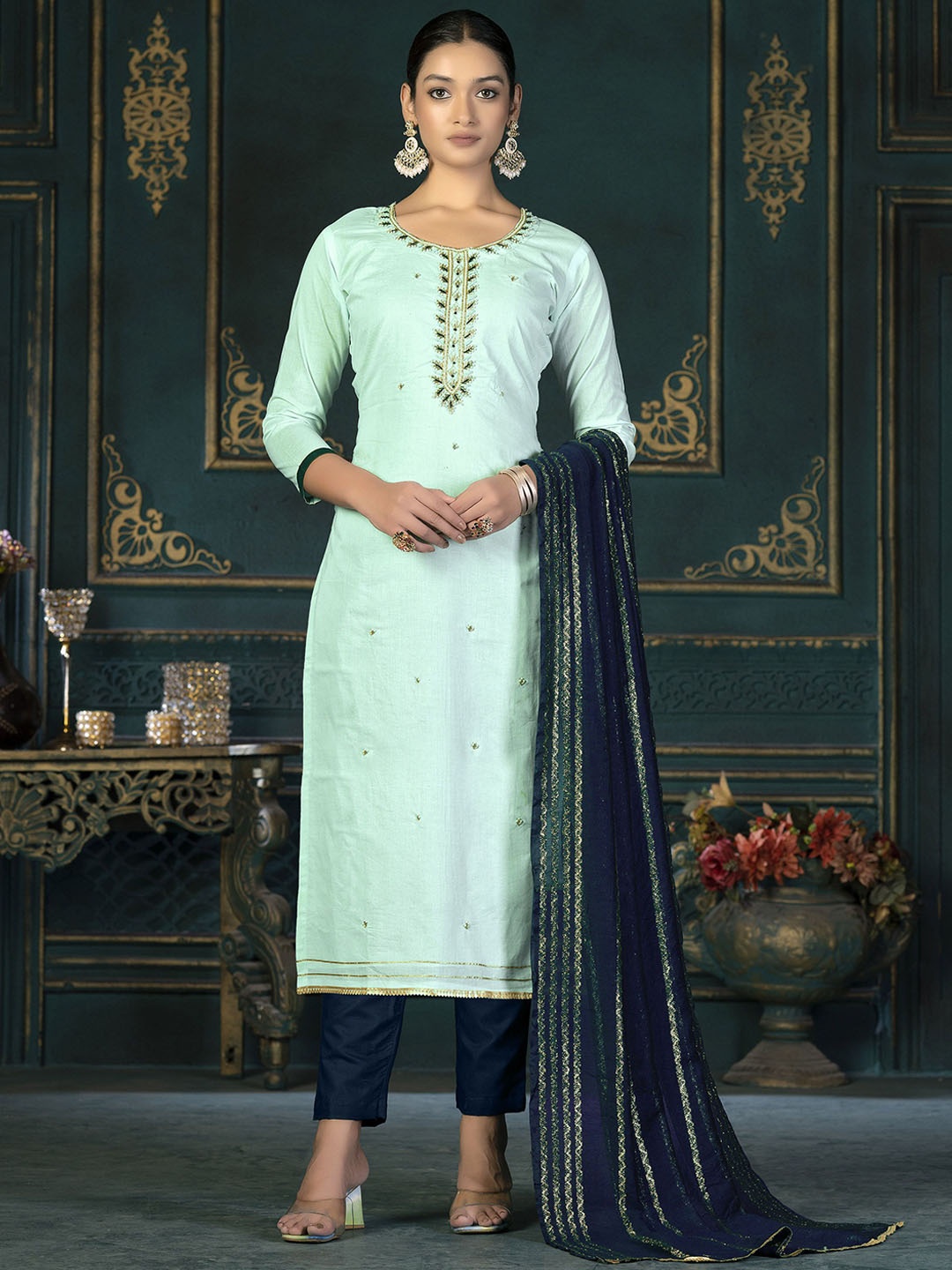 

SHADOW & SAINING Floral Embroidered Pure Cotton Semi-Stitched Dress Material, Sea green