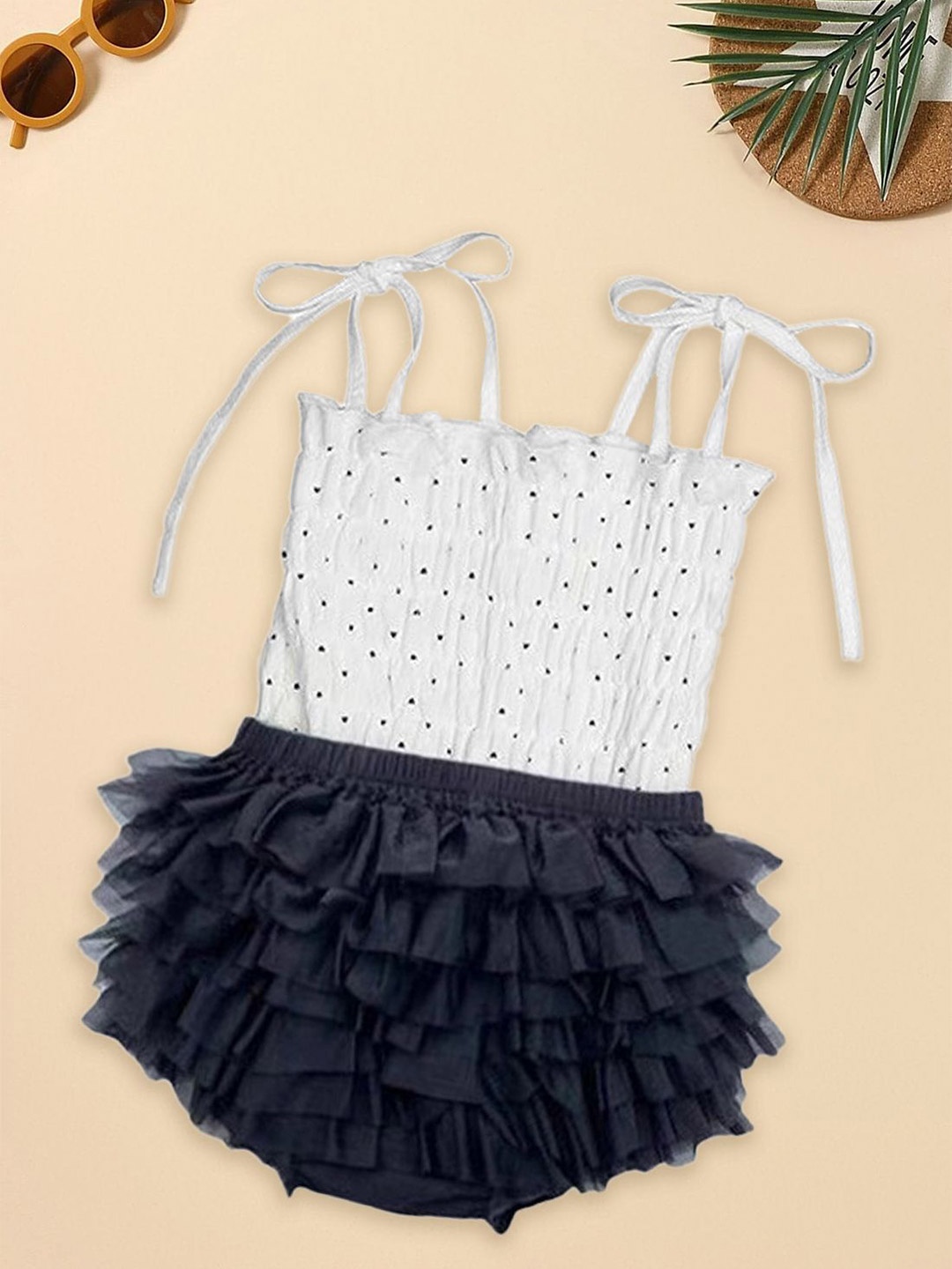 

FOREVER FRIDAY Girls Polka Dot Printed Pure Cotton Shoulder Straps Top & Skirt, White