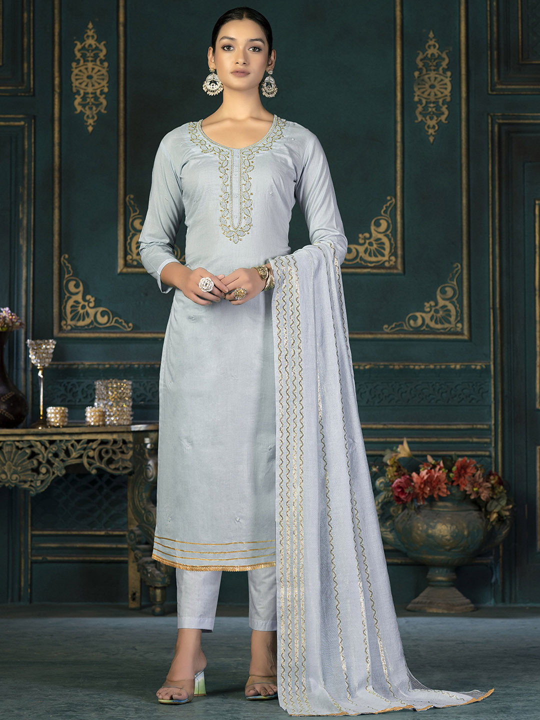 

SHADOW & SAINING Floral Embroidered Thread Work Cambric Cotton Unstitched Dress Material, Grey