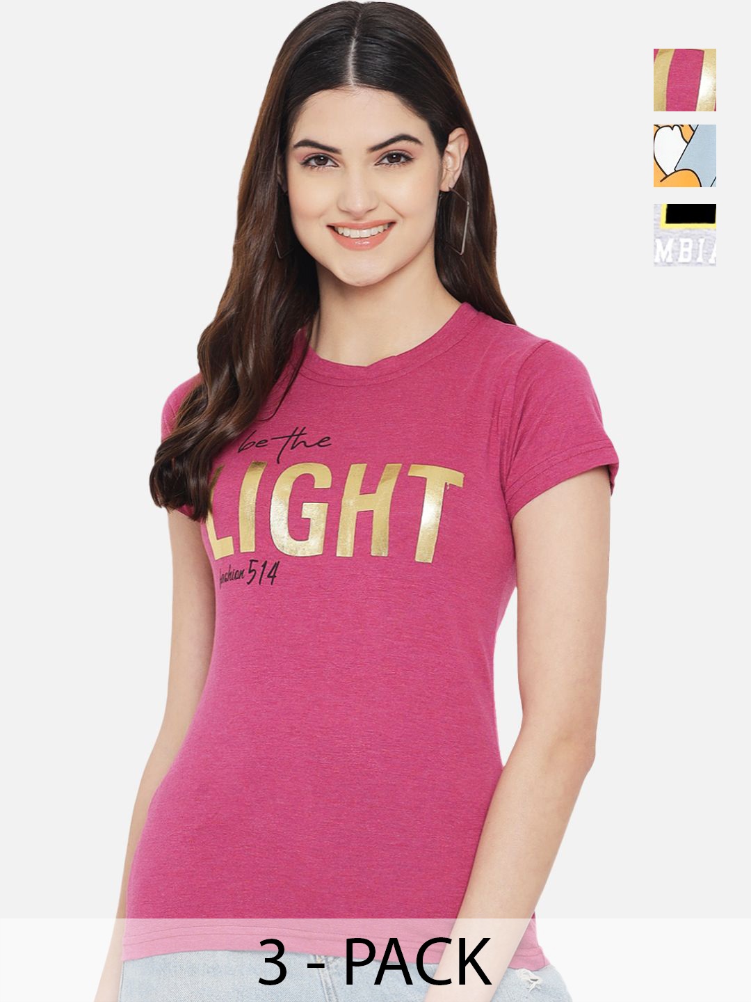 

Dreambe Women Pack of 3 Typography Printed Round Neck Cotton T-shirts, Pink