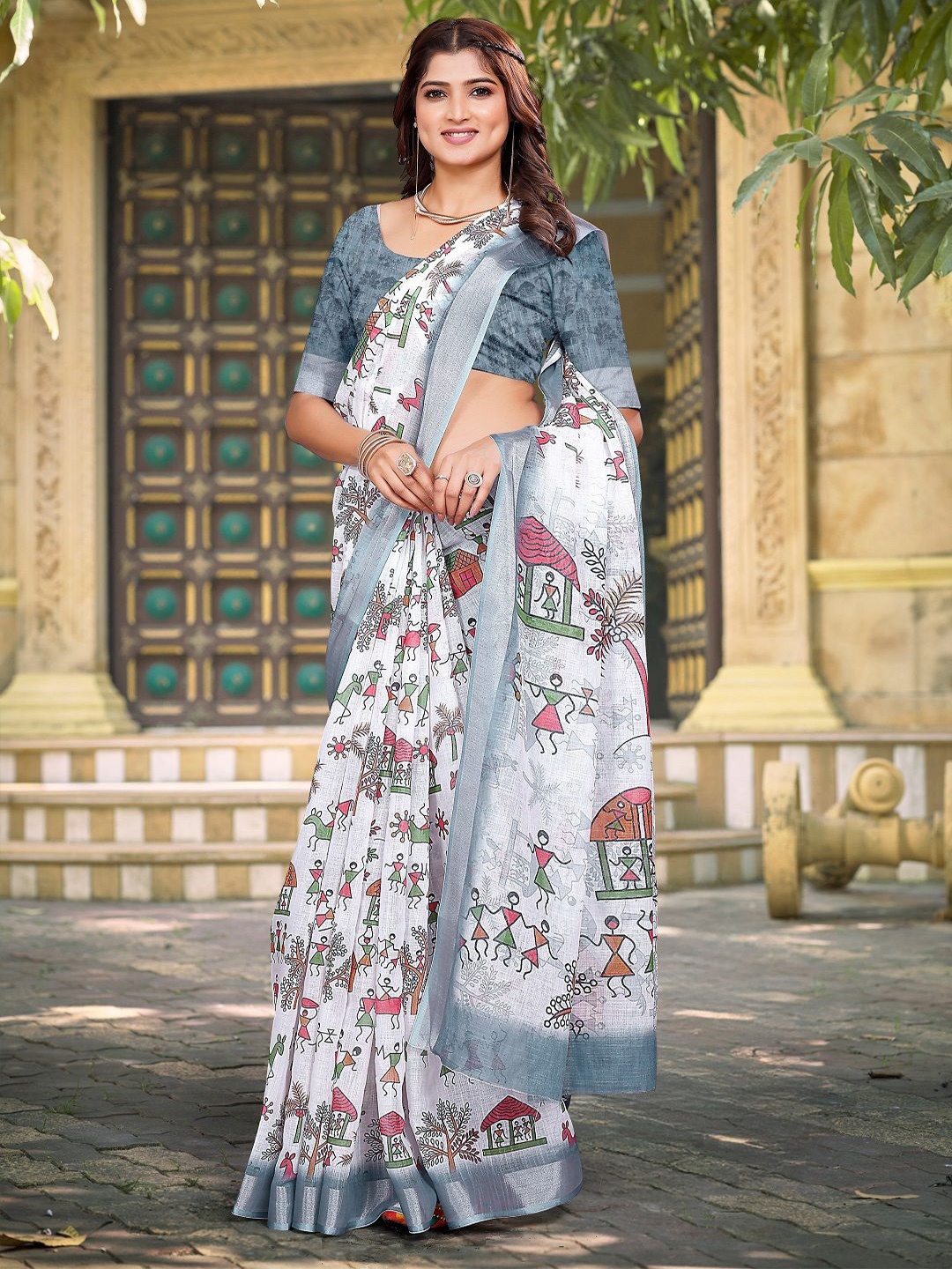 

Mitera Ethnic Motifs Zari Pure Cotton Saree, White