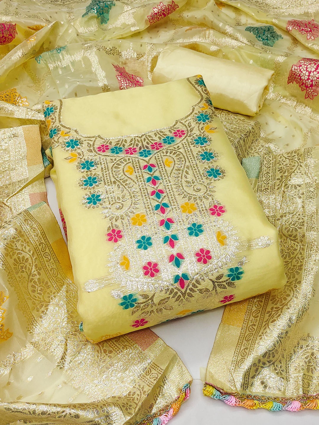 

SHADOW & SAINING Floral Woven Design Organza Unstitched Dress Material, Yellow