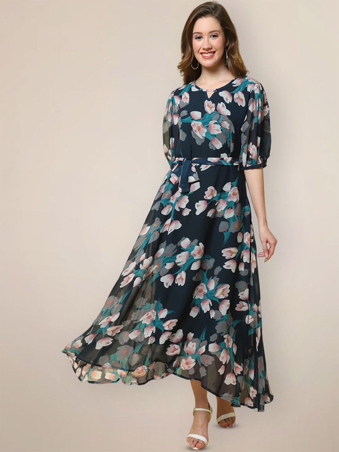 

Metronaut Women Floral Printed Fit & Flare Midi Dress, Navy blue