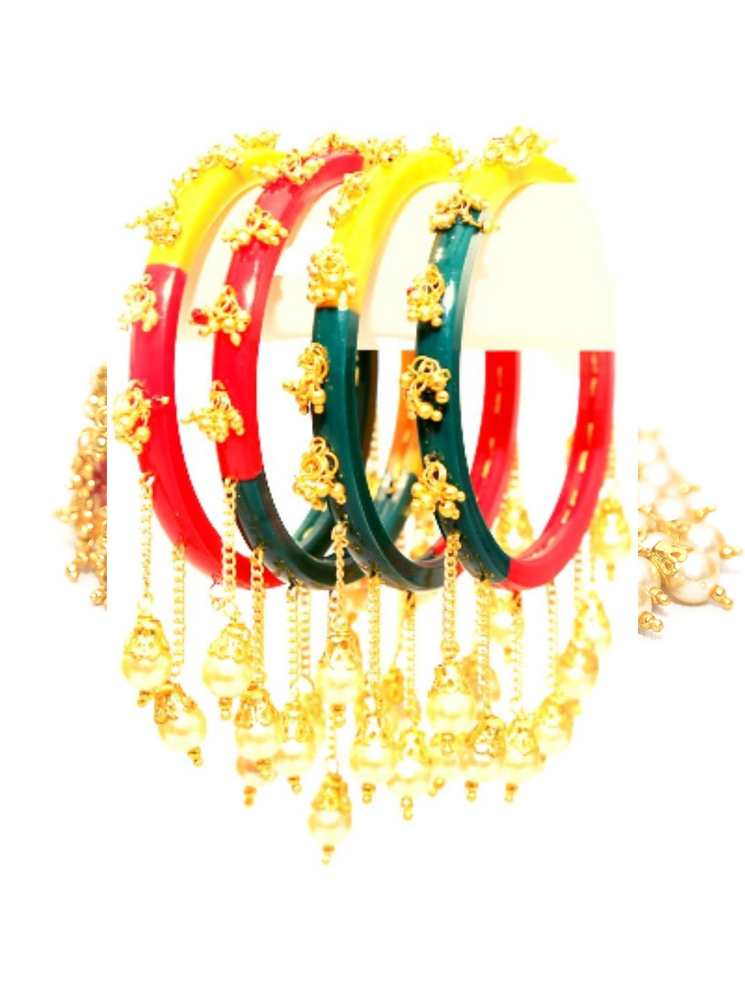 

Zindura Set Of 4 Gold-Plated Stones-Studded & Pearls-Beaded Bangles