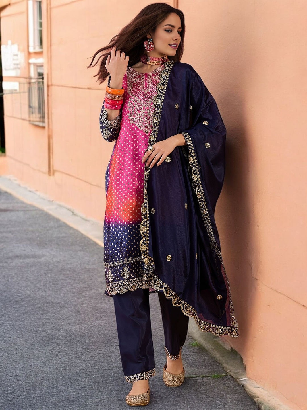 

KIMISHA Bandhani Printed Zari Work Round Neck Straight Kurta With Trousers And Dupatta, Pink