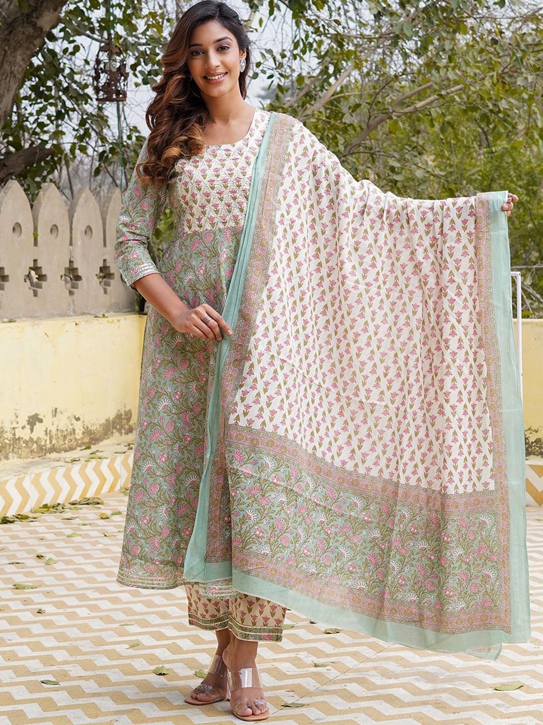 

KALINI Floral Printed Anarkali Pure Cotton Kurta With Trousers And Dupatta, Green