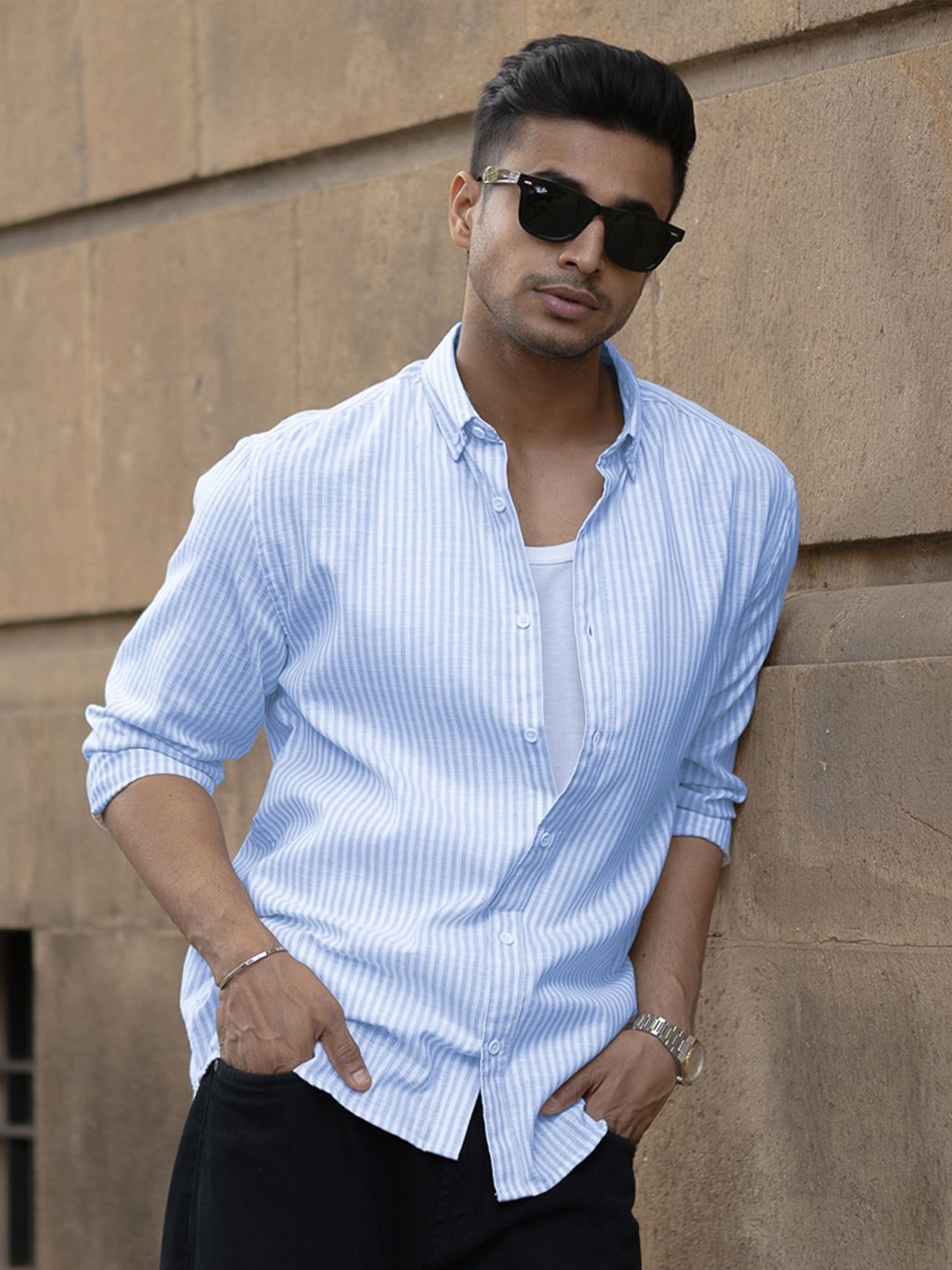 

Powerlook Men Opaque Striped Casual Shirt, Blue