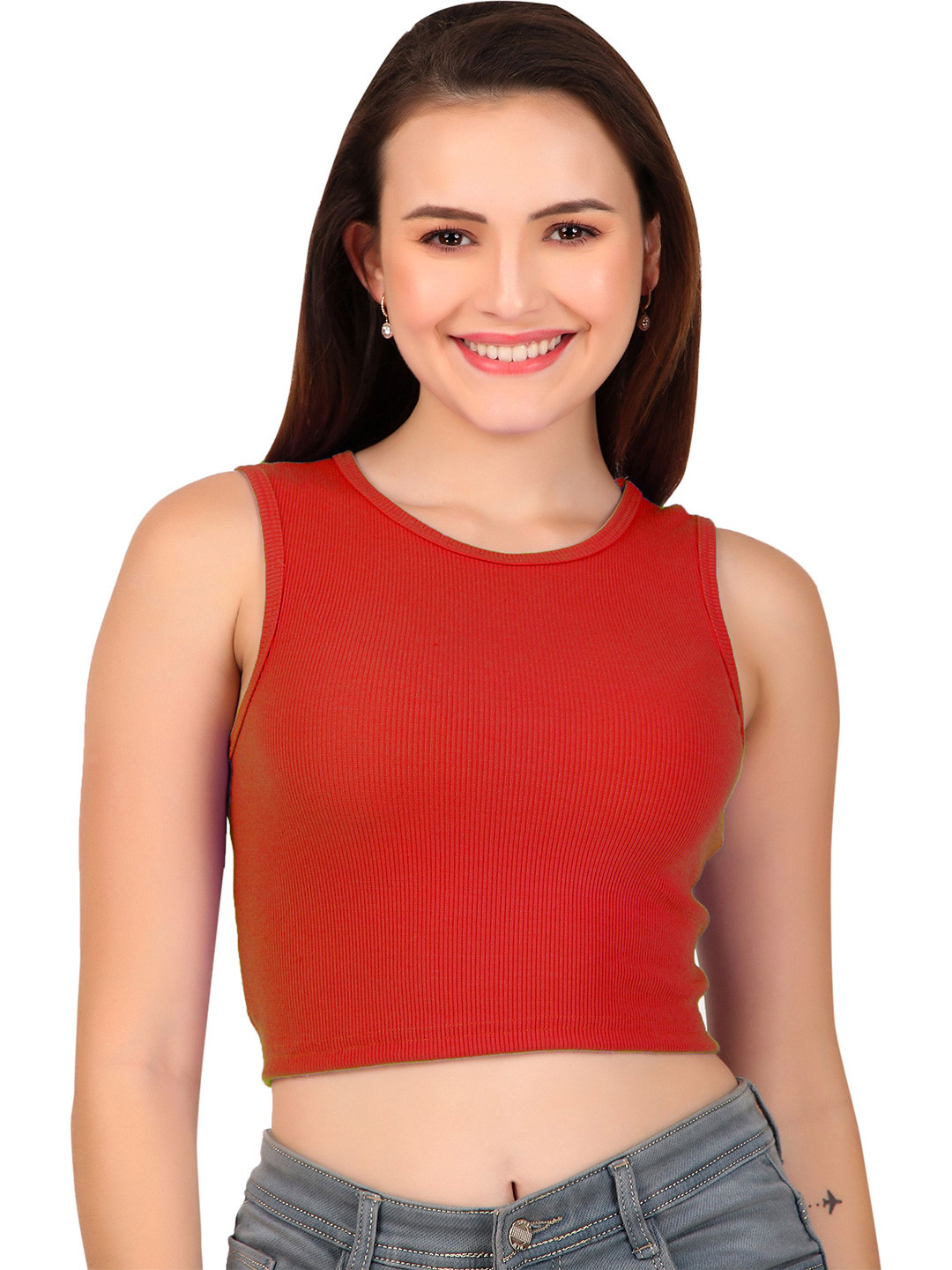 

PRIME LOVE Women Round Neck Sleeveless Crop Top, Red