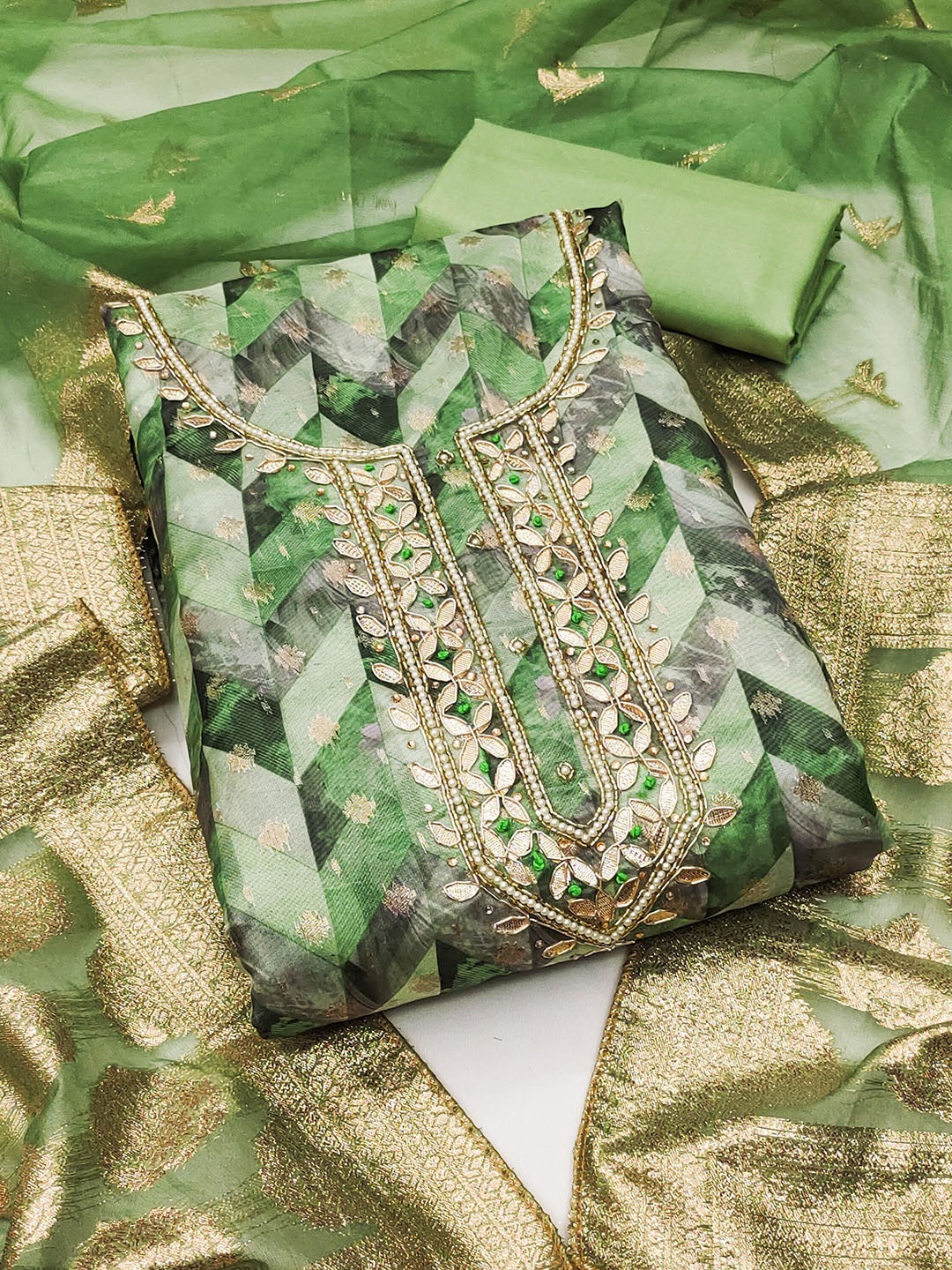 

SHADOW & SAINING Geometric Printed Beads Work Organza Jacquard Unstitched Dress Material, Green
