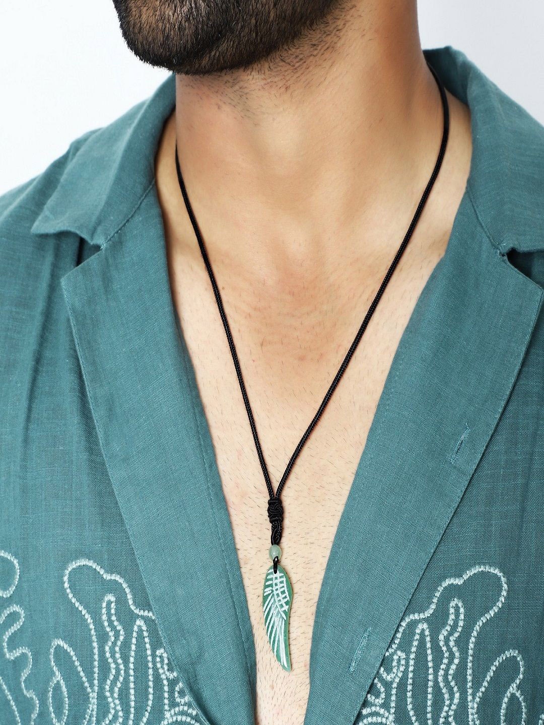 

Nirvana Men Stainless Steel Feather Shaped Aventurine Angel Wing Rope Pendant, Green