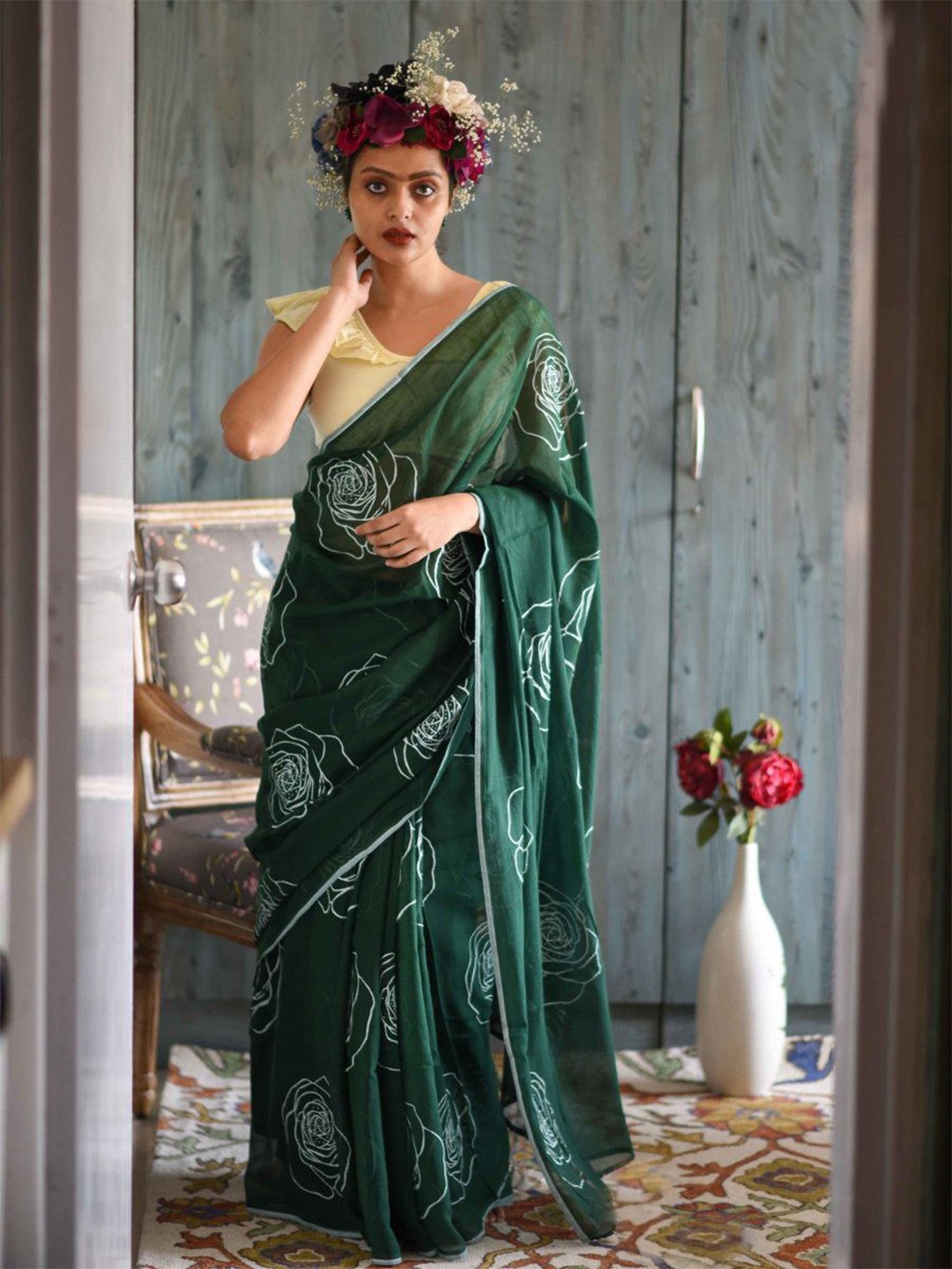 

Mitera Floral Printed Pure Cotton Saree, Green