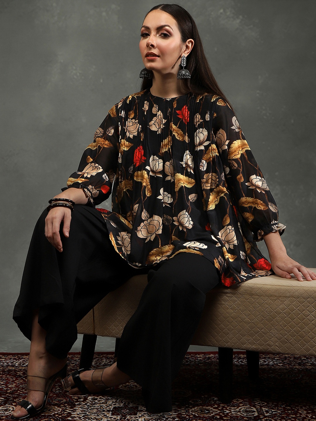

Biba by Rohit Bal Floral Printed Top With Palazzo, Black