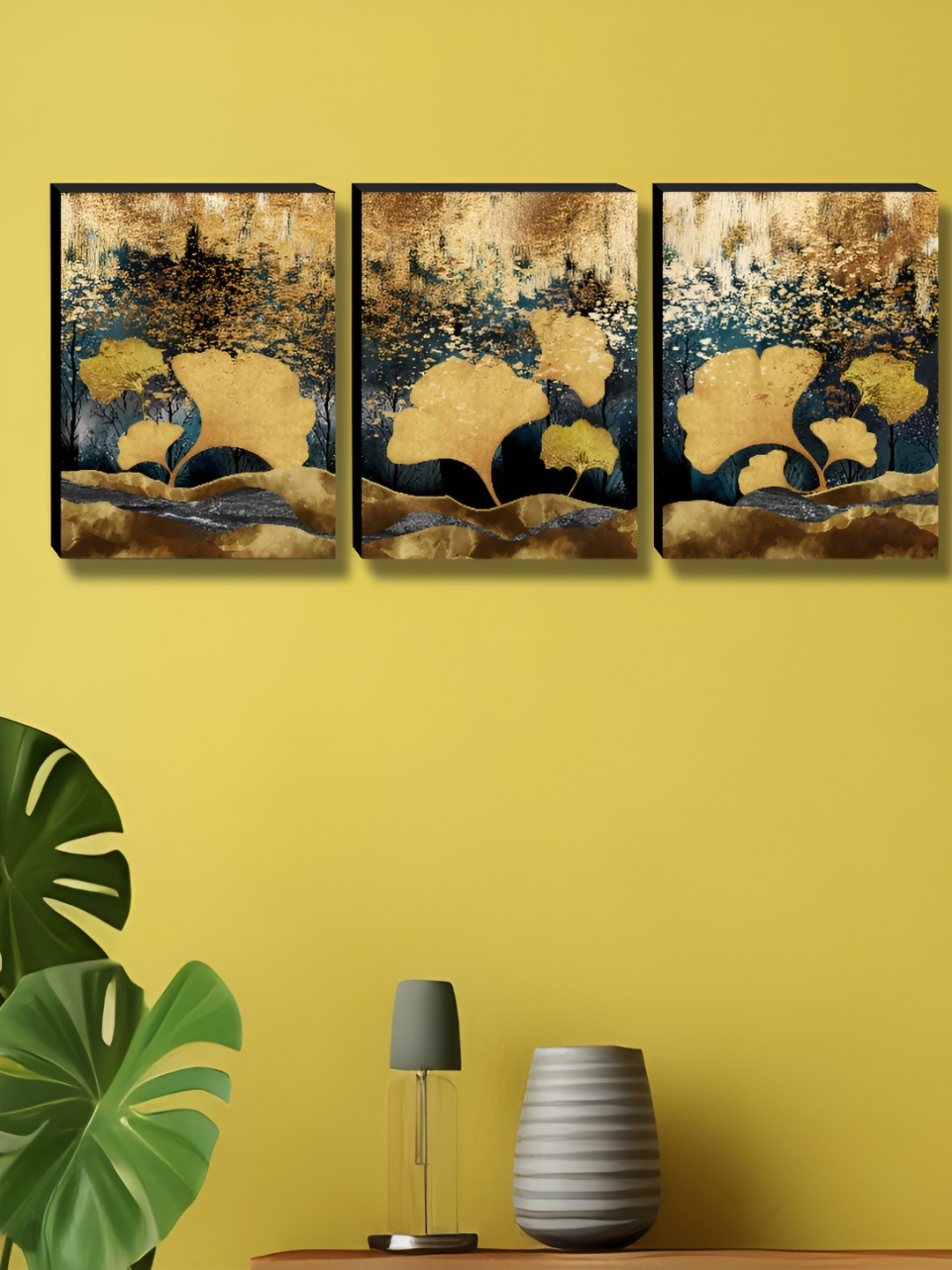 

Myntra Elegant Homes Gold-Toned & Grey 3 Pieces Abstract Wall Art