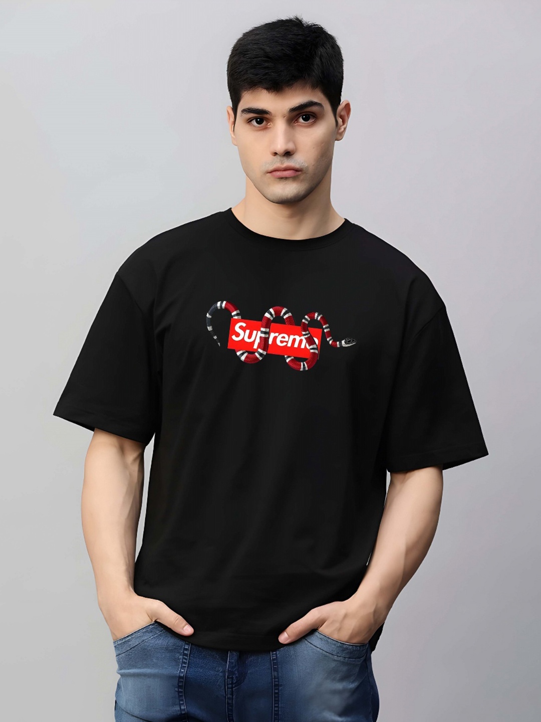 

THE BEETEL HOUSE Graphic Printed Cotton Drop-Shoulder Sleeves T-shirt, Black