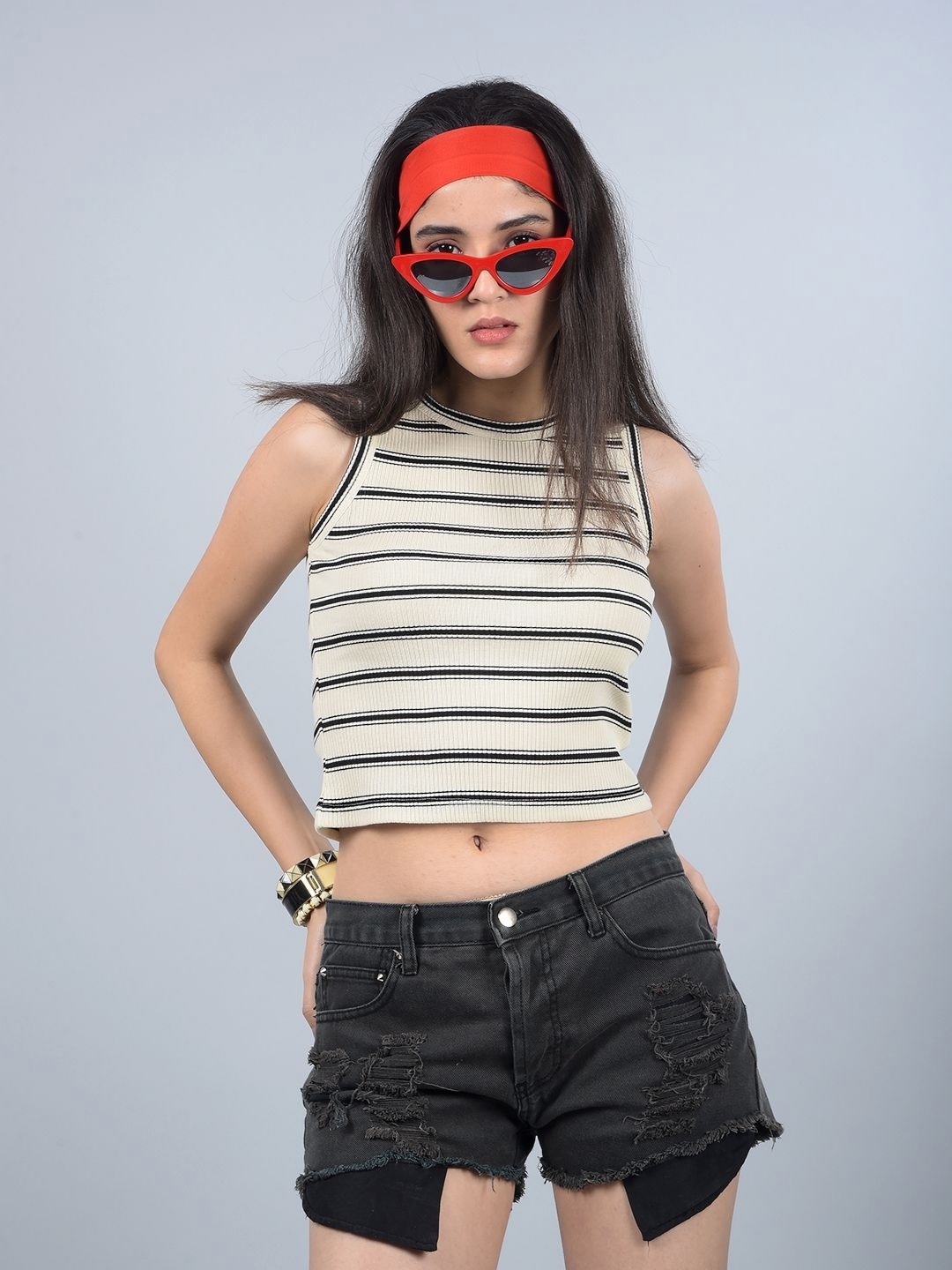 

Crimsoune Club Women Striped Round Neck Cotton T-shirt, Beige