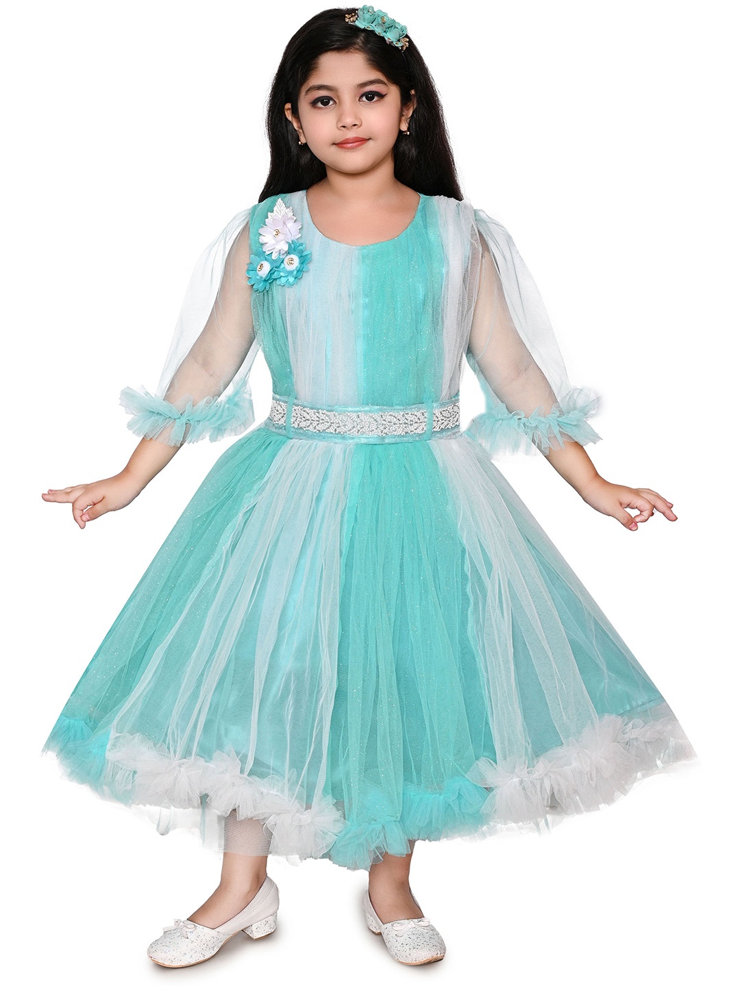 

Zenat Girl Tie & Dye Applique Net Tulle Fit & Flare Dress, Turquoise blue