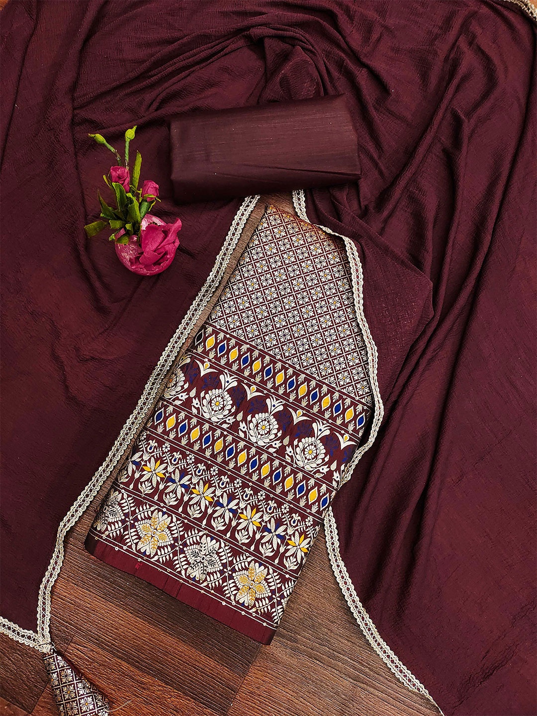 

Maroosh Floral Banarasi Jacquard Zari Unstitched Dress Material, Coffee brown
