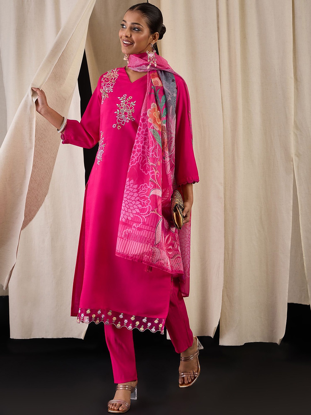 

Anouk Floral Embroidered V-Neck Kurta With Trousers & Dupatta, Rose