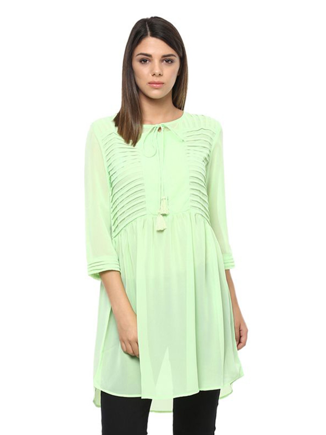 

Moda Elementi Mandarin Collar Georgette Longline Top, Green