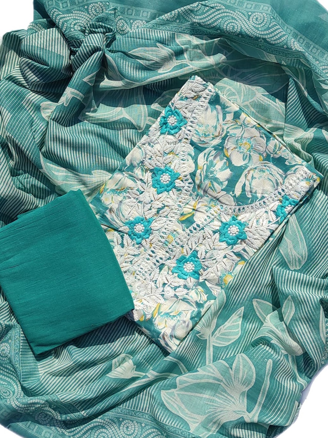

GC 80 BY GAURI COLLECTION Floral Printed Thread Work Pure Cotton Unstitched Dress Material, Blue