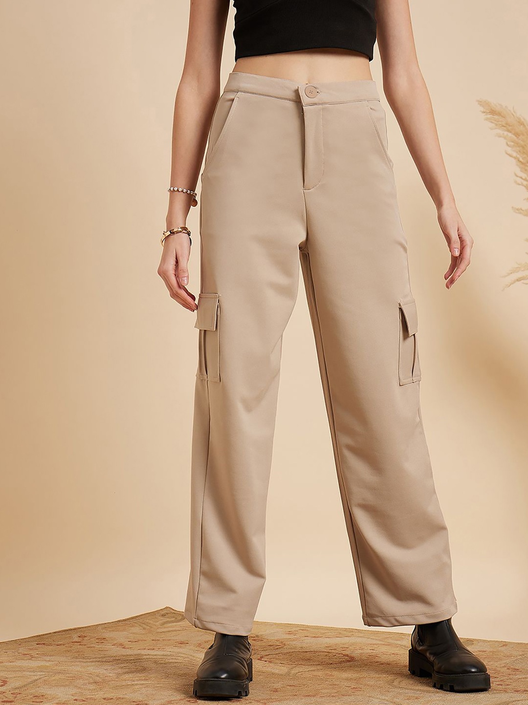 

Dream Beauty Fashion Women Loose Fit High-Rise Cargos Trouser, Beige