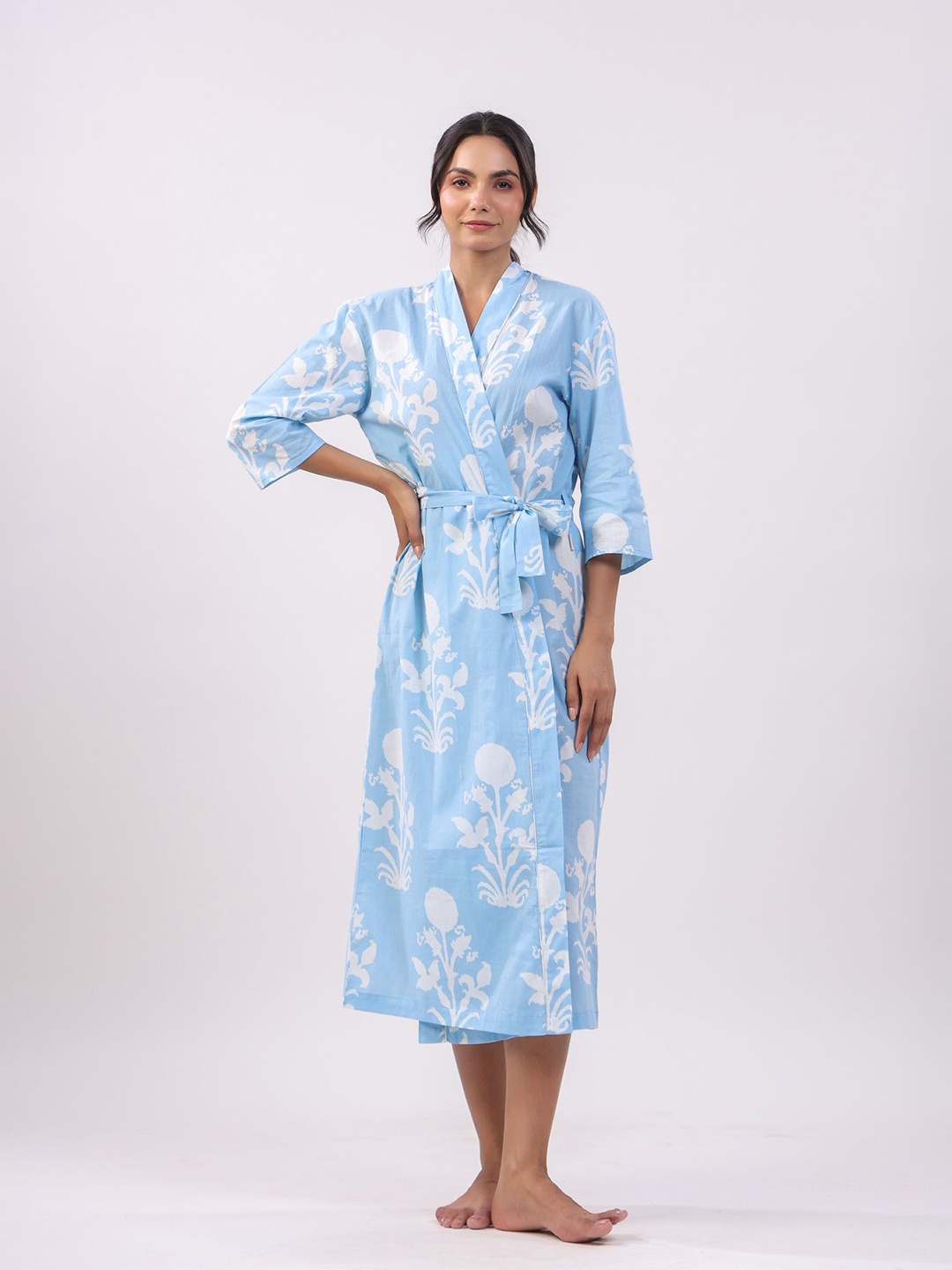 

JISORA Women Blue Printed Cotton Robe