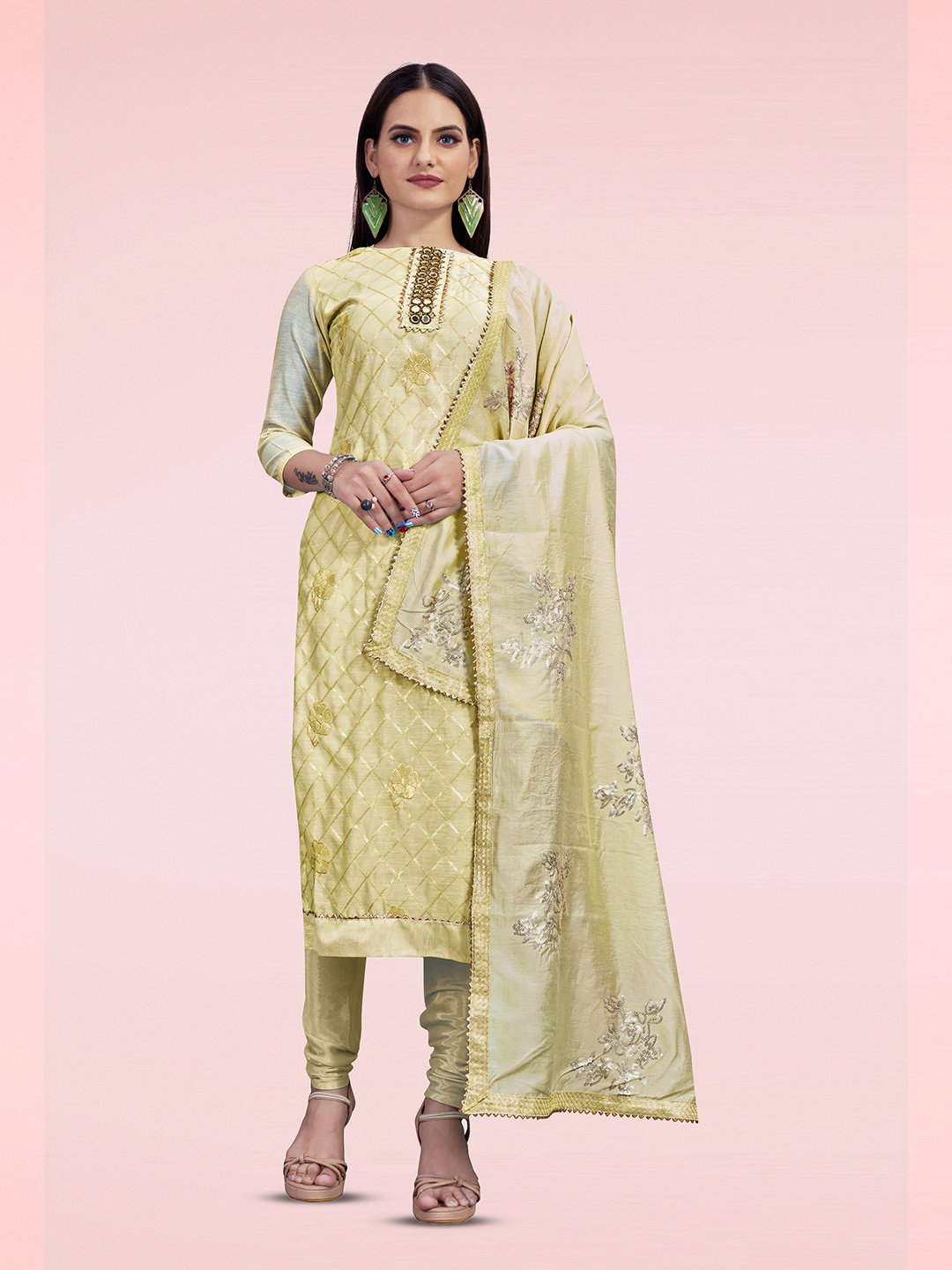 

Maroosh Floral Motifs Sequence Embellished Chanderi Cotton Unstitched Dress Material, Beige
