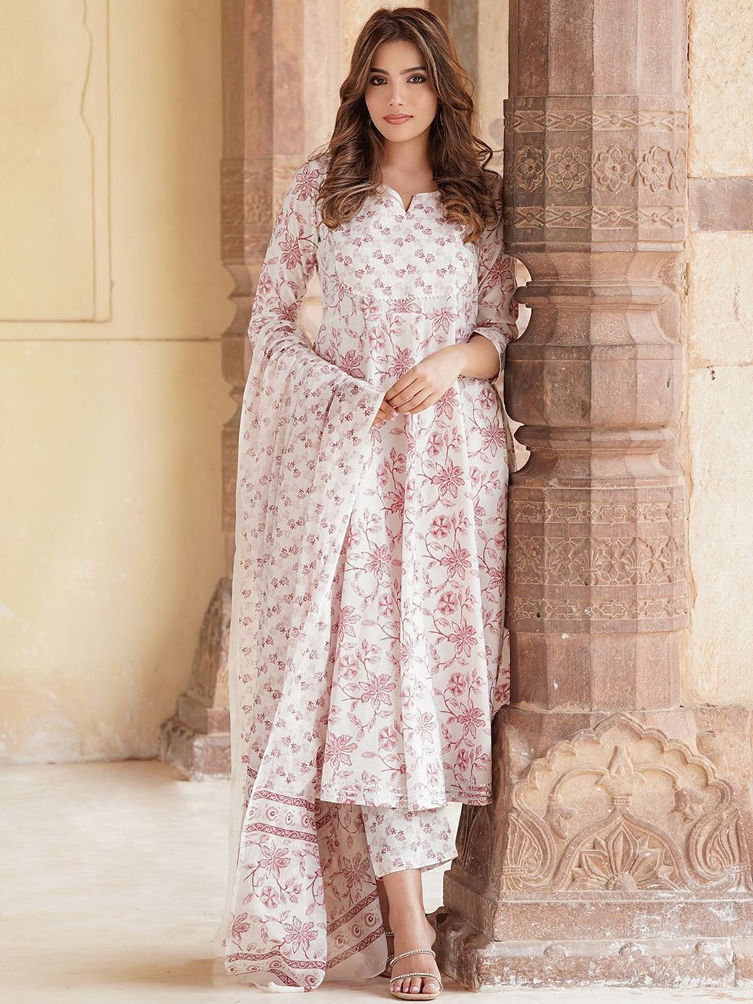 

KALINI Floral Printed Notch Neck Pure Cotton Anarkali Kurta with Trousers & Dupatta, White