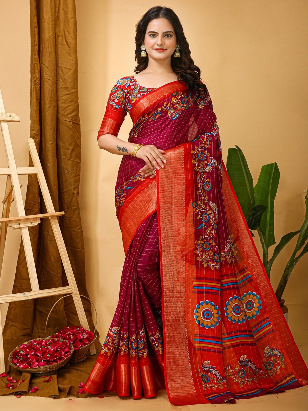 

KALINI Floral Printed Zari Saree, Maroon