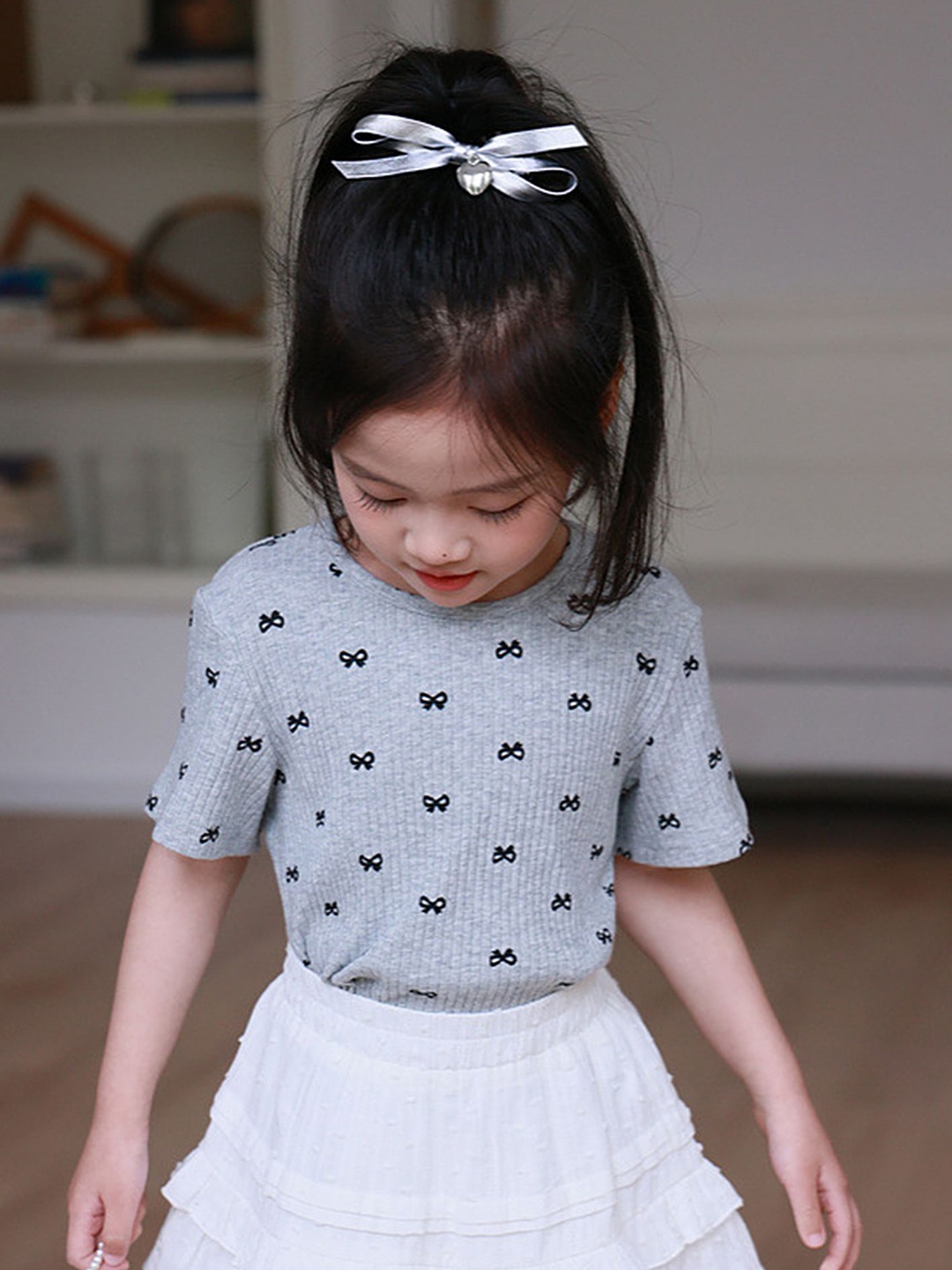 

LULU & SKY Girls Bow Printed Half Sleeves Round Neck Pure Cotton T-shirt, Grey
