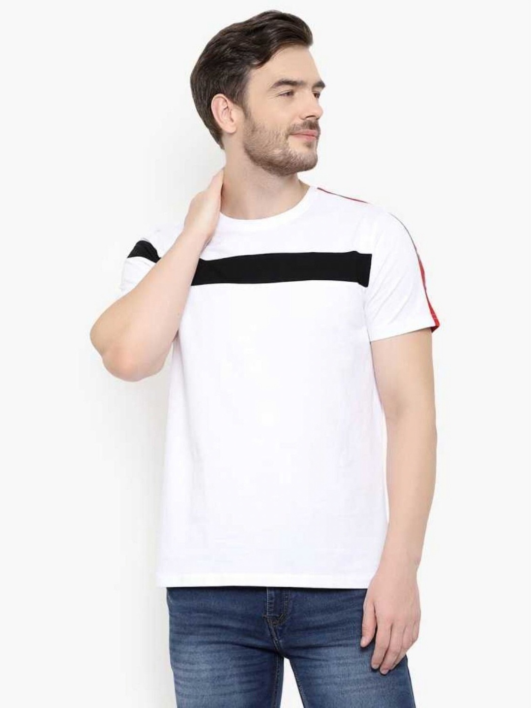 

Unicus Apparel Men Striped Round Neck Cotton T-shirt, White
