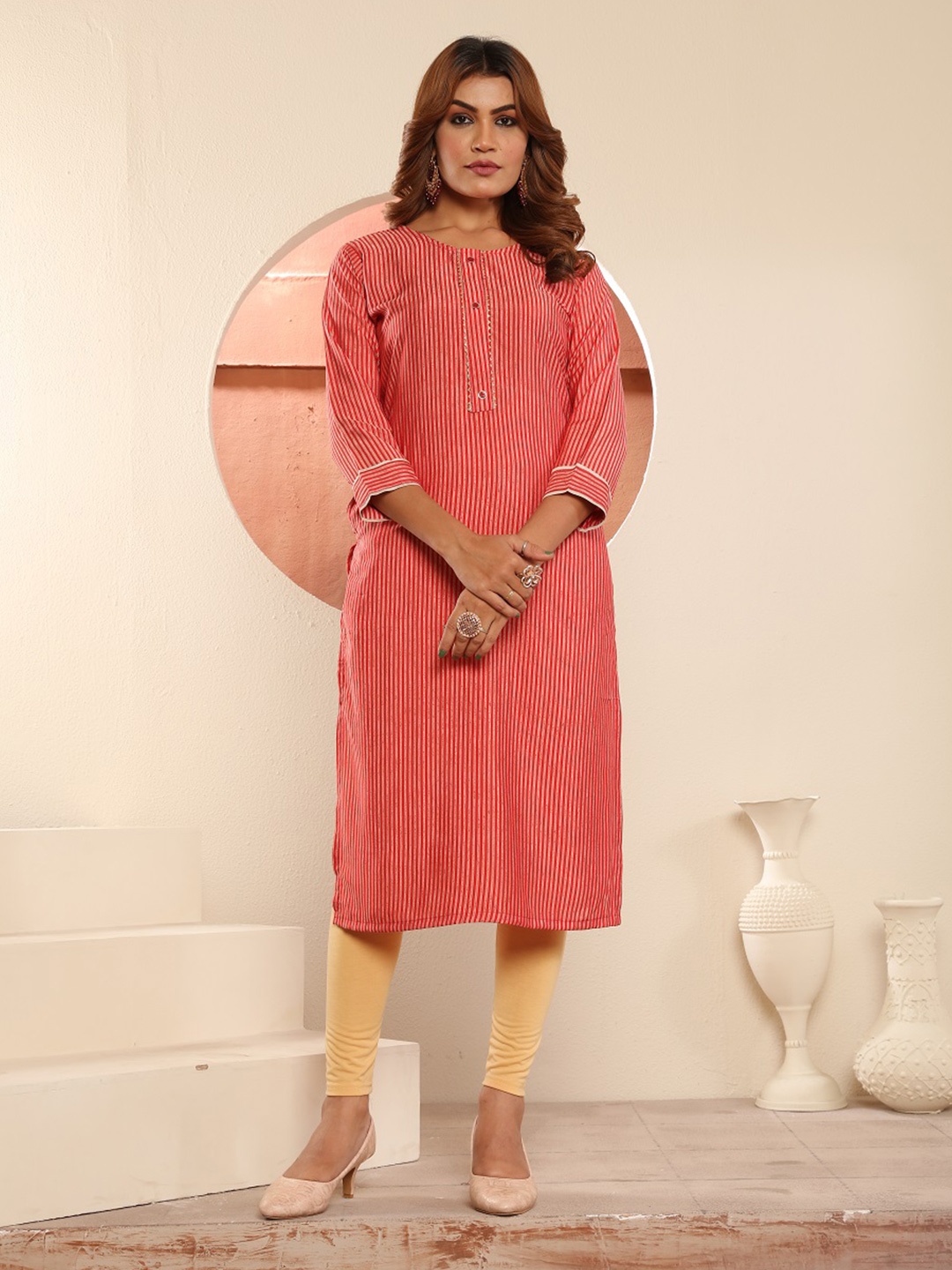 

S.K.C Round Neck Striped Cotton Straight Kurta, Orange