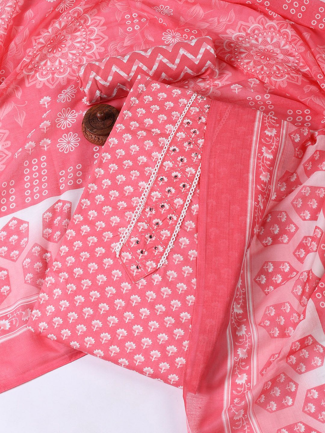 

Meena Bazaar Floral Printed Sequinned Unstitched Dress Material, Pink