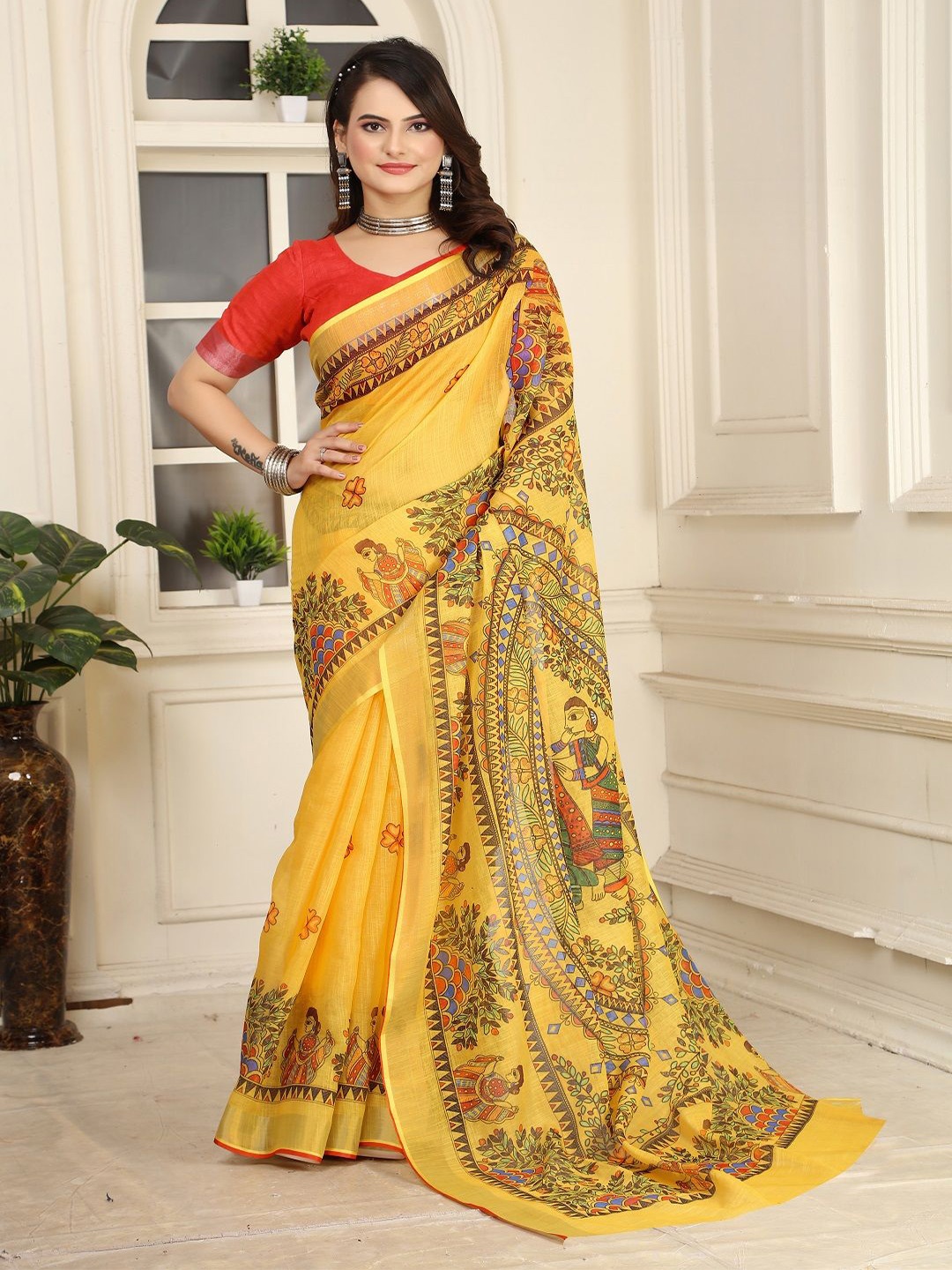

Mitera Ethnic Motifs Printed Pure Cotton Saree, Yellow