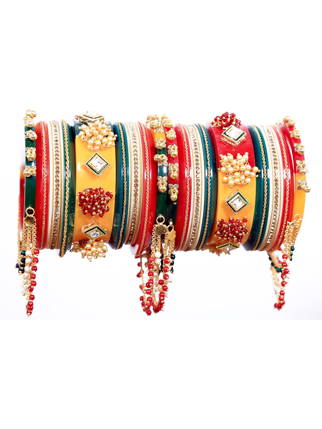 

Zindura Set Of 2 Gold-Plated Stones-Studded & Pearls-Beaded Chuda Bangles