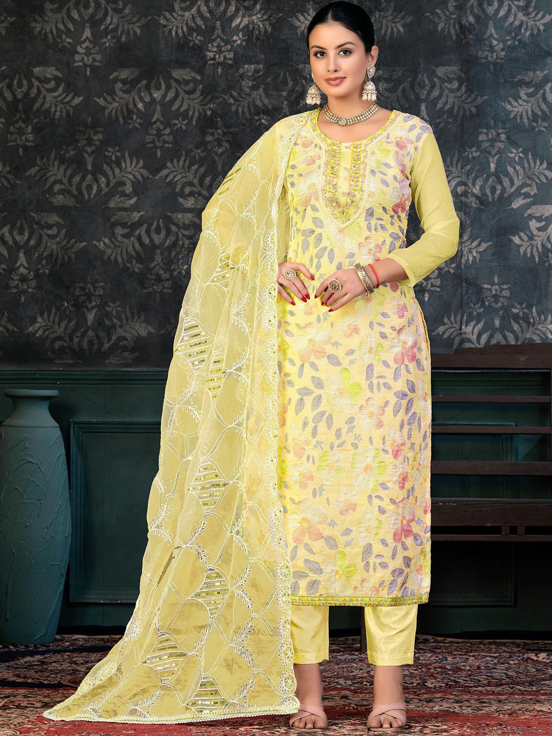 

SHADOW & SAINING Floral Embroidered Organza Semi-Stitched Dress Material, Yellow