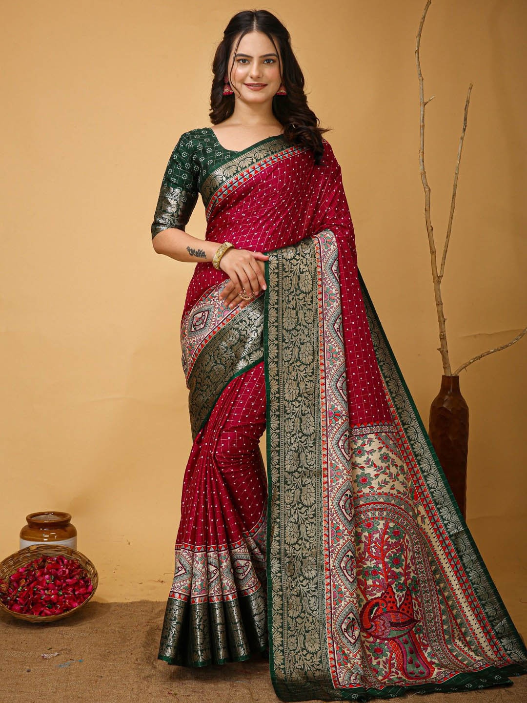 

KALINI Woven Design Zari Saree, Maroon