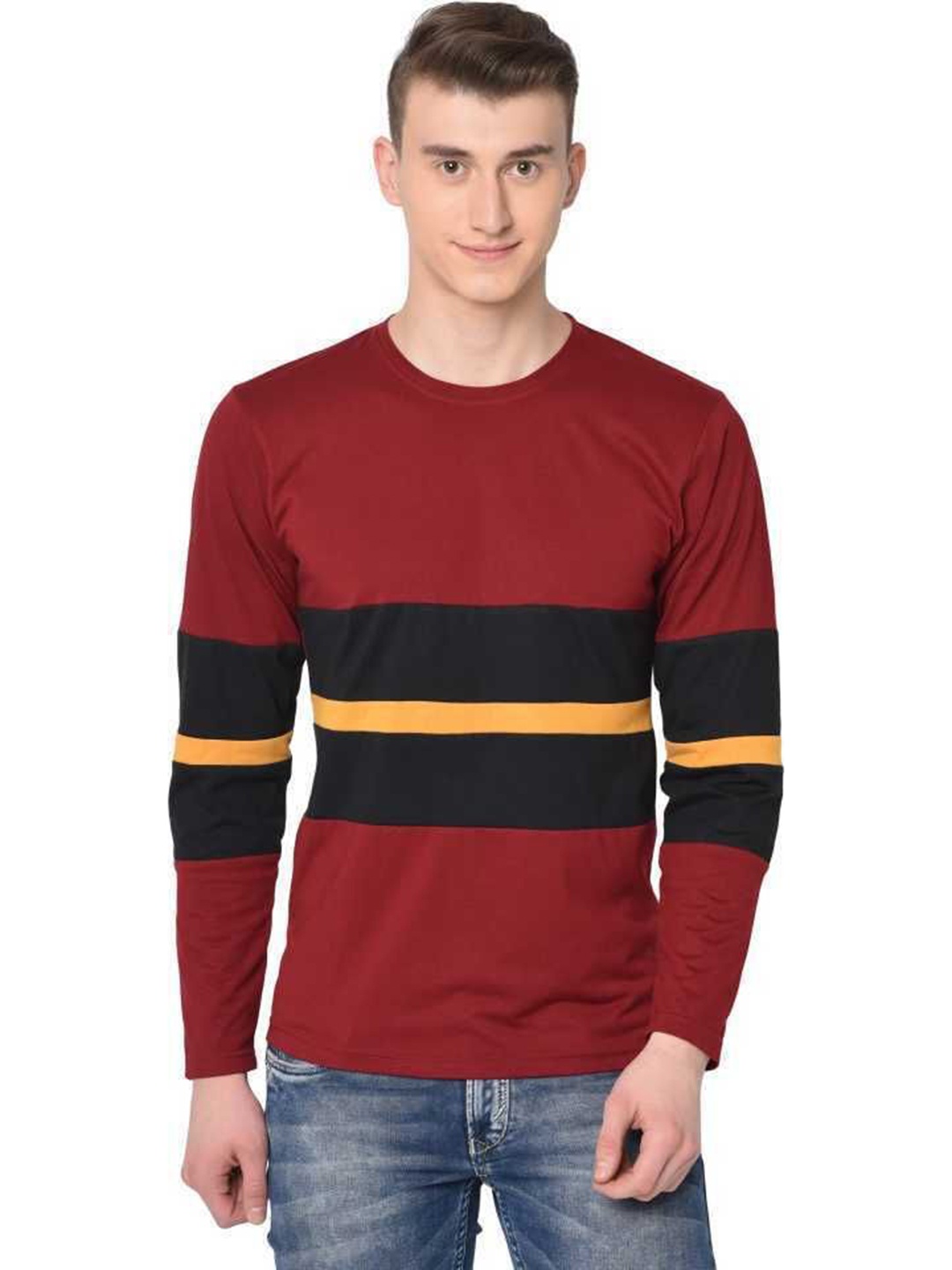 

Unicus Apparel Men Colourblocked Round Neck Cotton T-shirt, Maroon
