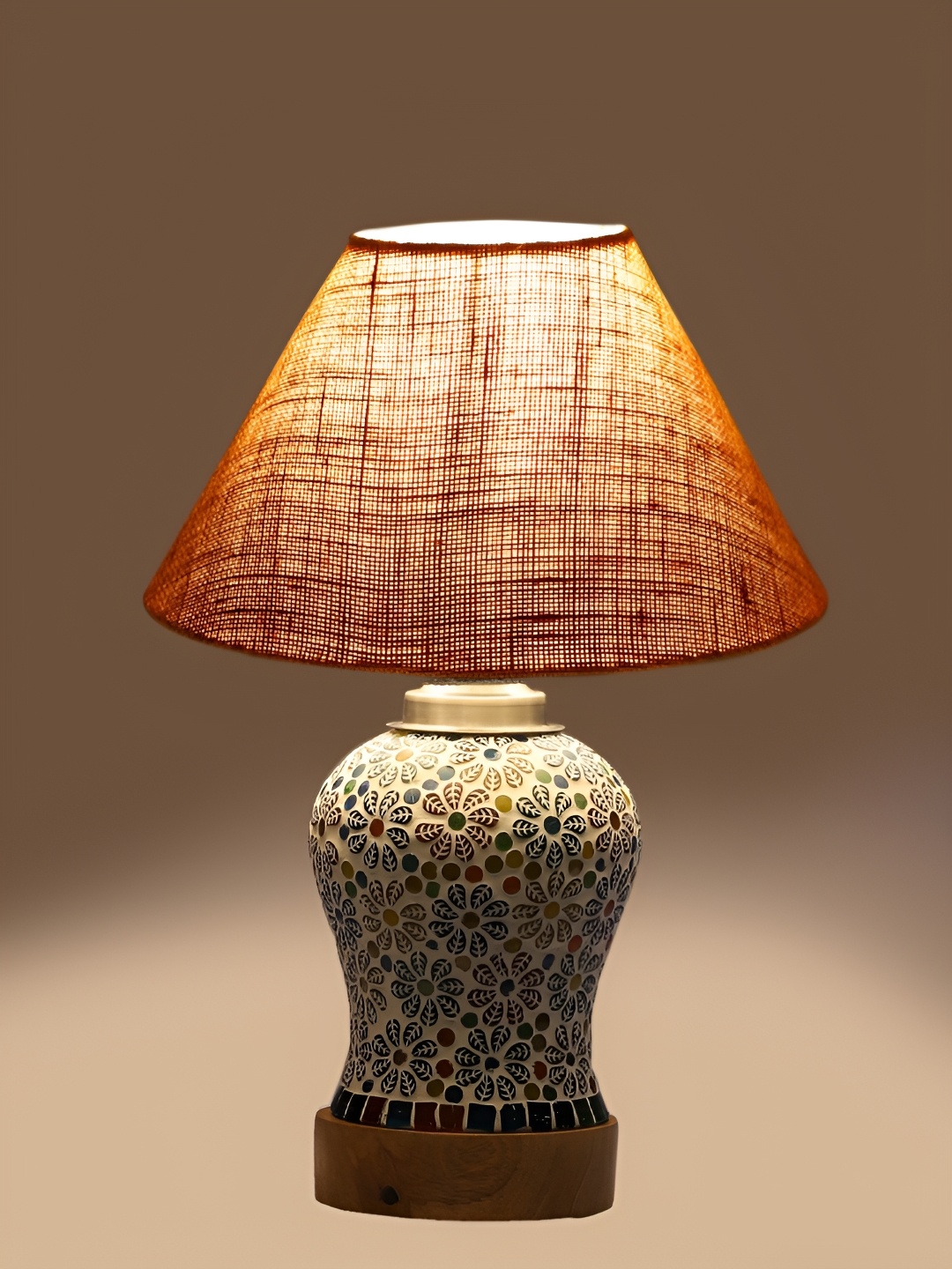 

Devansh Beige Textured Traditional Frusturical Shaped Wooden Table Lamp & Mosaic Glass