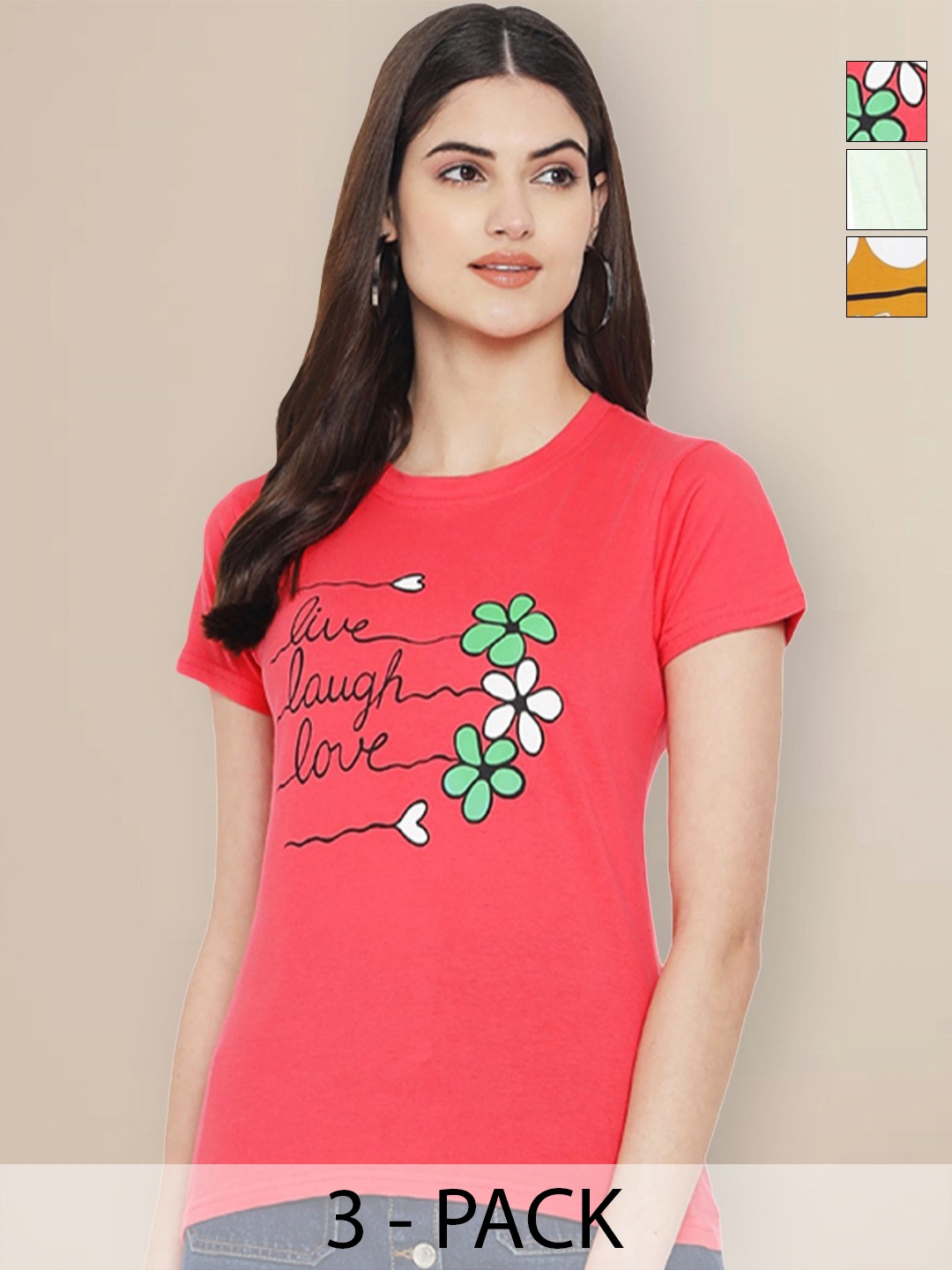 

Metronaut Women Pack of 3 Typography Printed Round Neck Cotton T-shirts, Pink