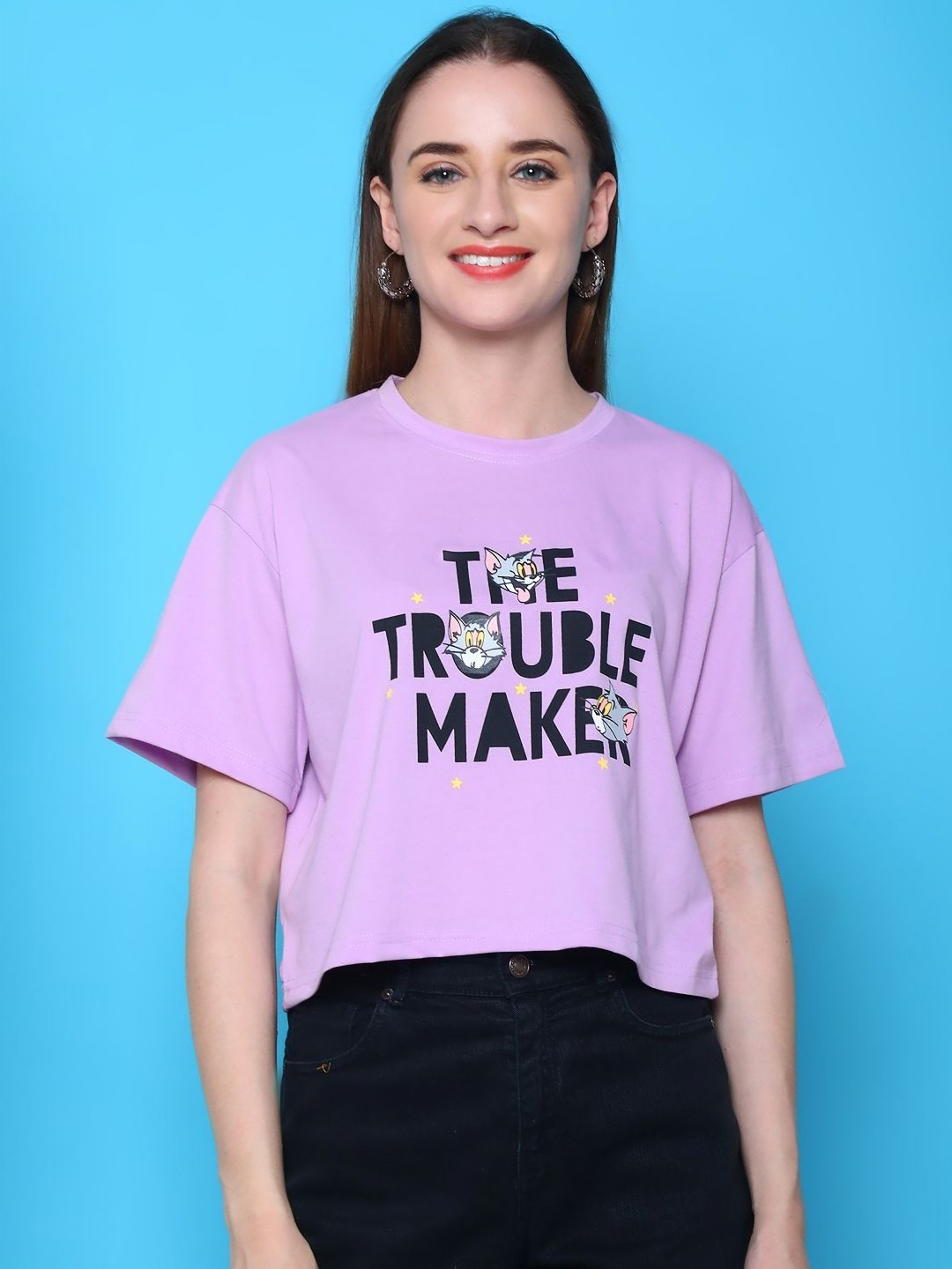

Dreambe Women Typography Printed Round Neck Cotton Boxy T-shirt, Purple