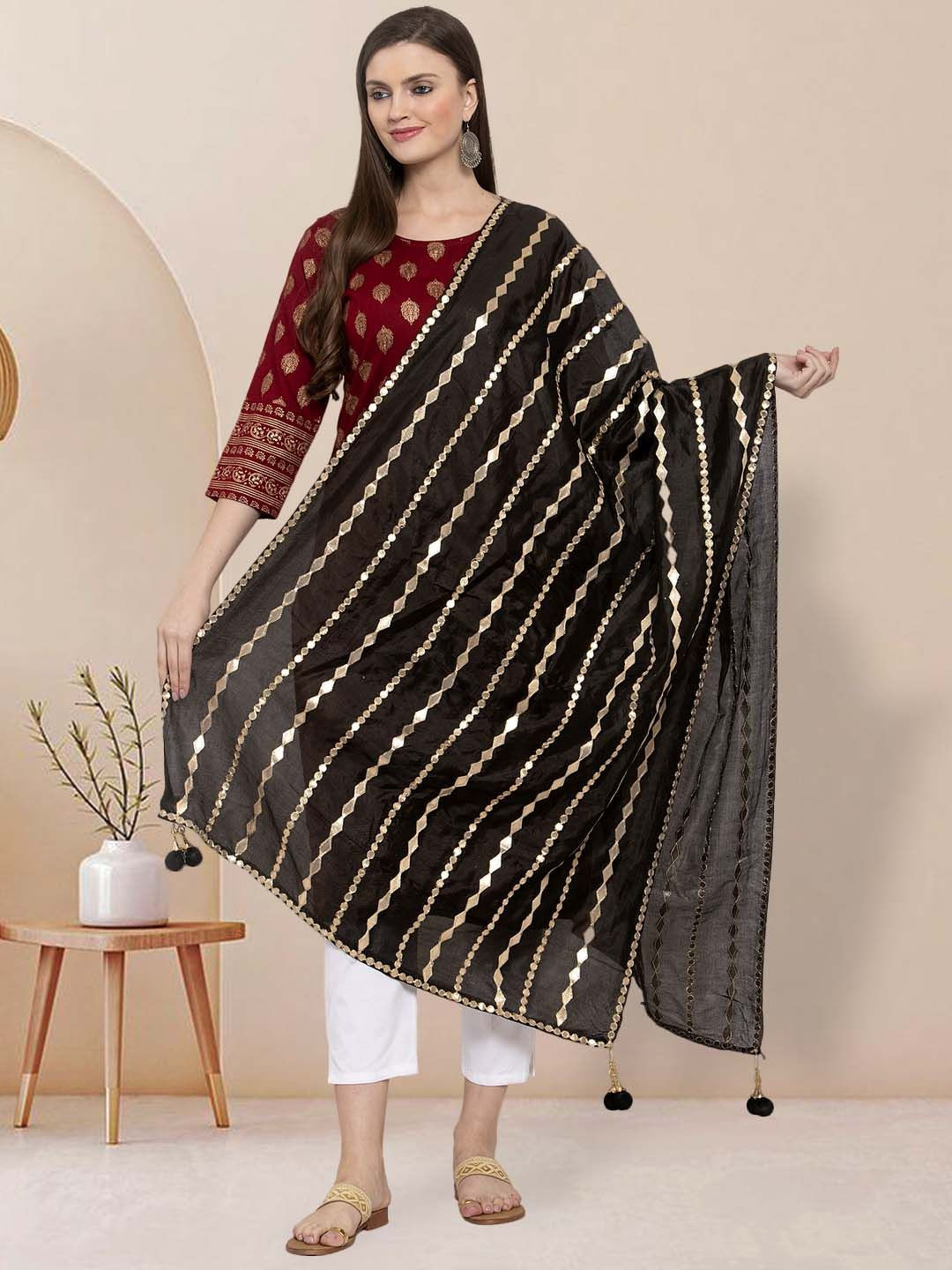 

Moda Rapido Striped Embroidered Gotta Patti Dupatta, Black