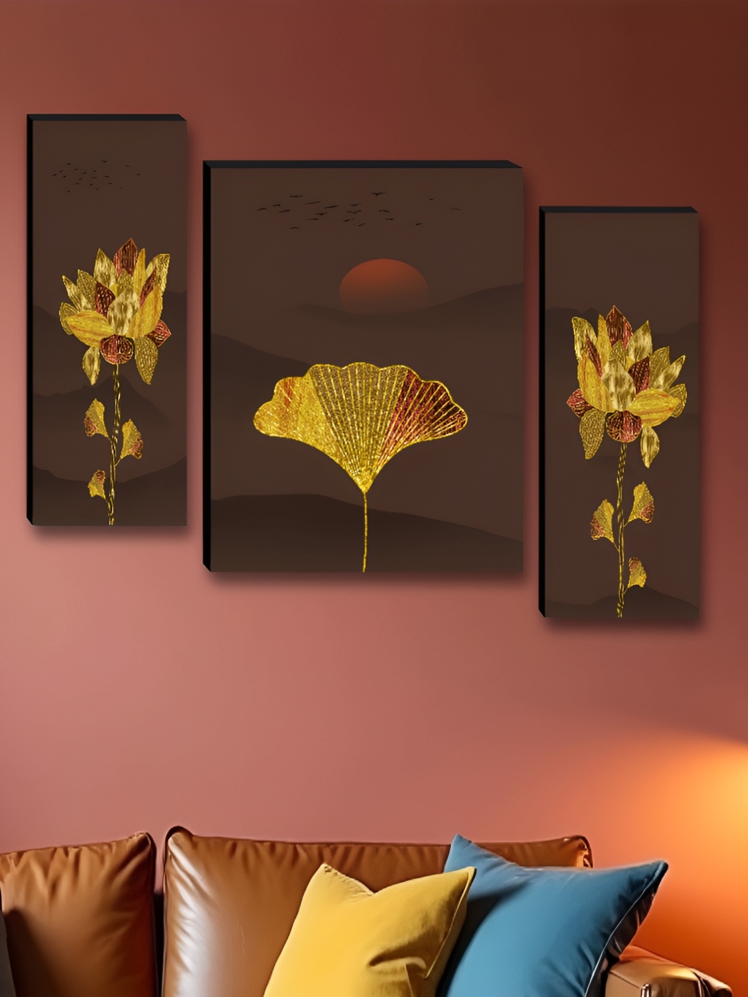 

Myntra Elegant Homes Brown & Gold-Toned 3 Pieces Floral & Botanical Wall Art