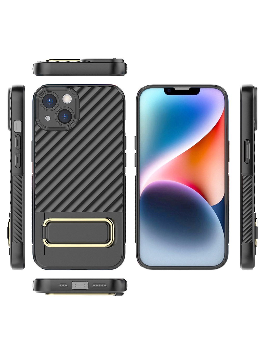 

QRIOH Solid iPhone 14 Back Case with Gold Metal Kickstand, Black