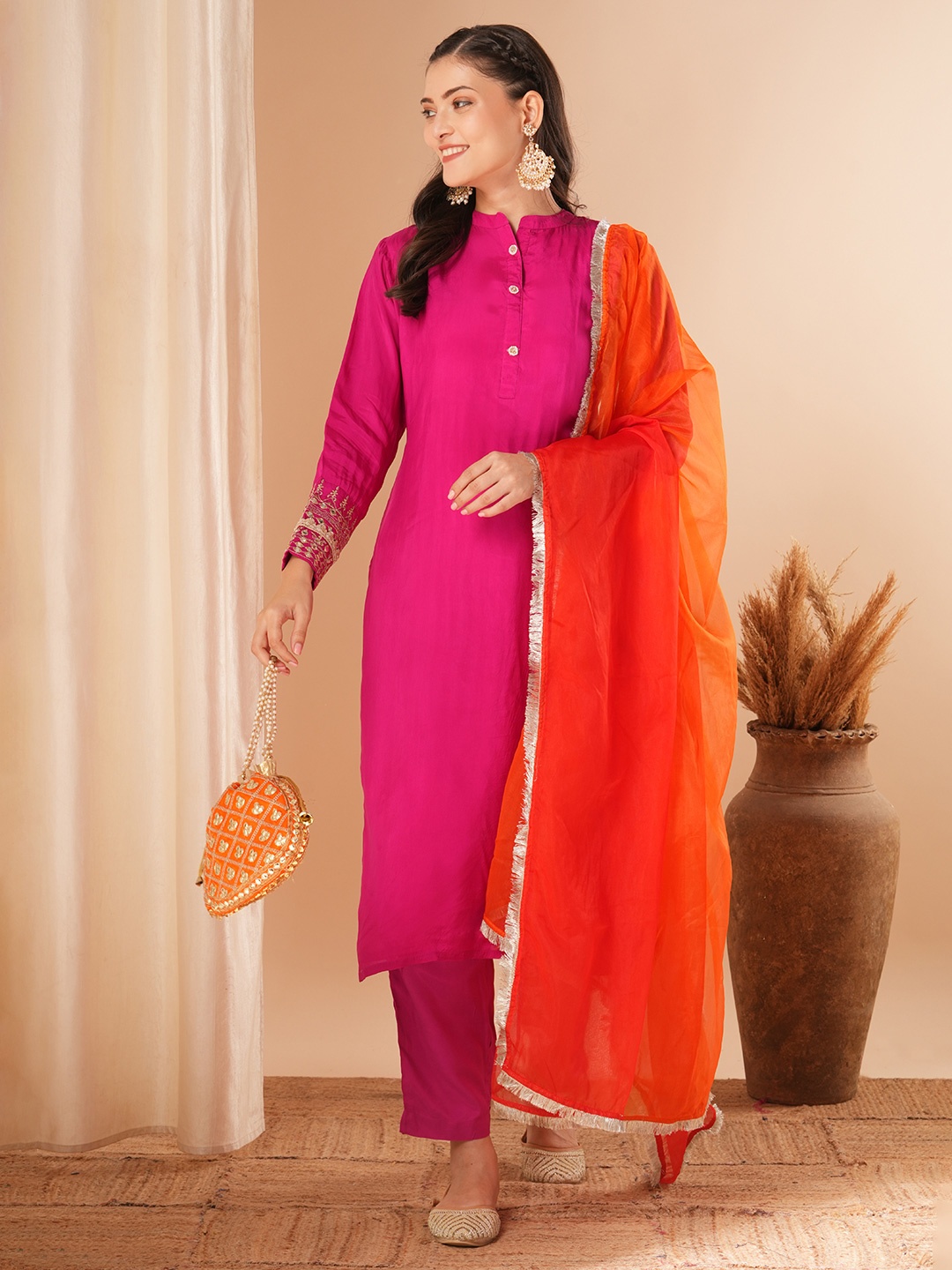 

FASHOR Mandarin Collar Thread Work Kurta With Trousers & Dupatta, Pink