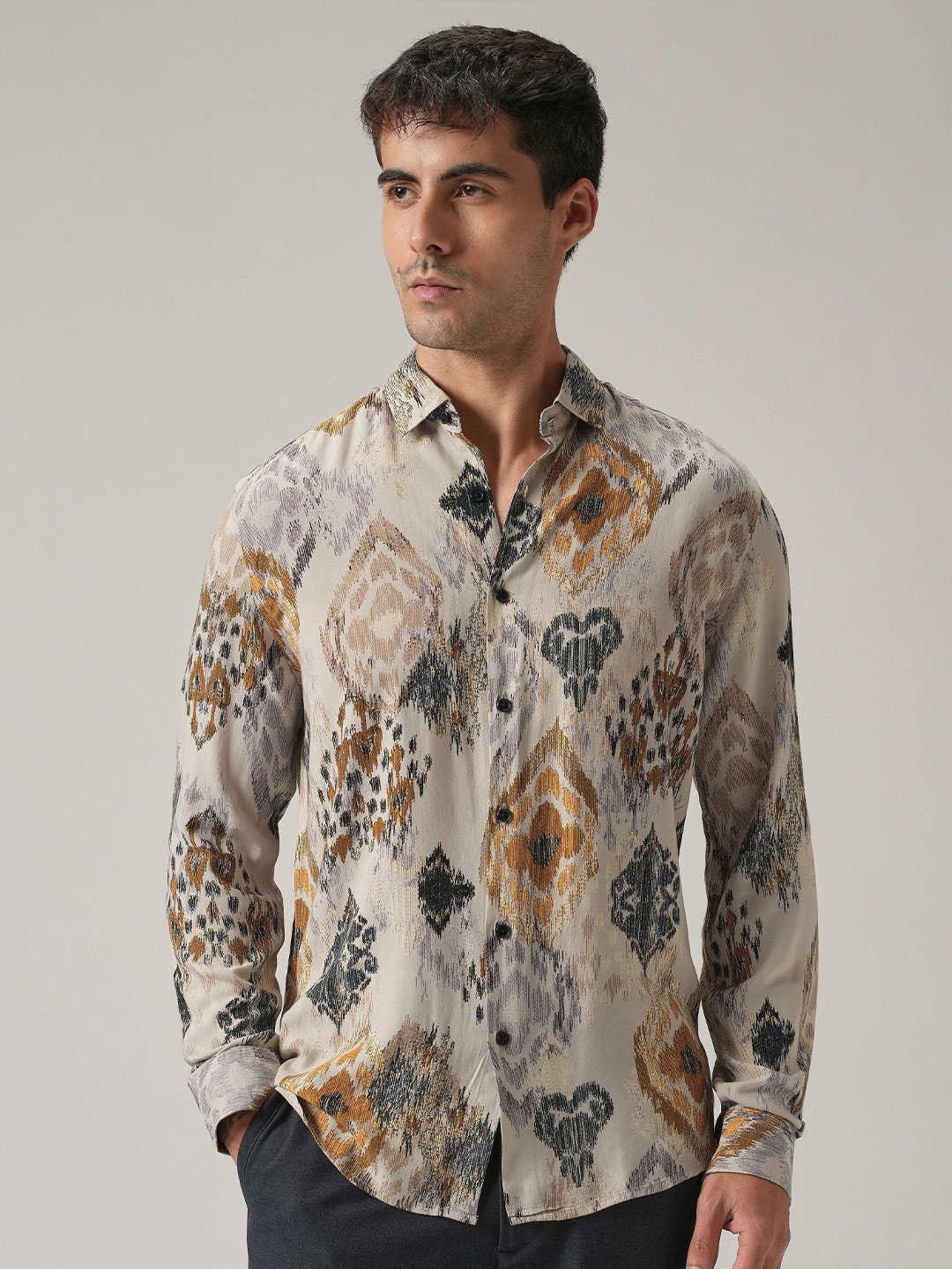 

Banana Club Men Classic Slim Fit Abstract Printed Casual Shirt, Taupe