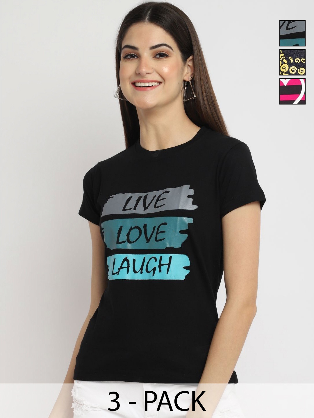 

Dreambe Women Pack of 3 Typography Printed Round Neck Cotton T-shirts, Black