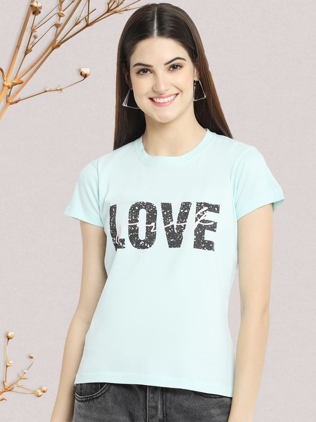 

Dreambe Women Typography Printed Round Neck Cotton T-shirt, Turquoise blue
